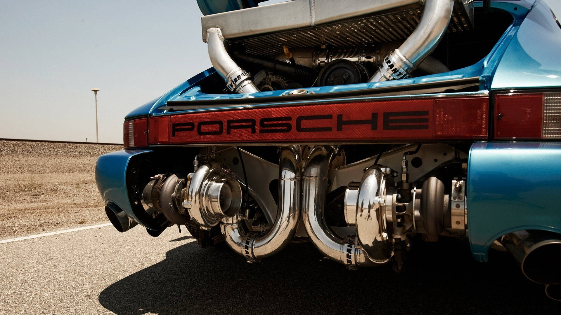blue sports car, Porsche, exposed turbochargers, Full HD Desktop Wallpaper