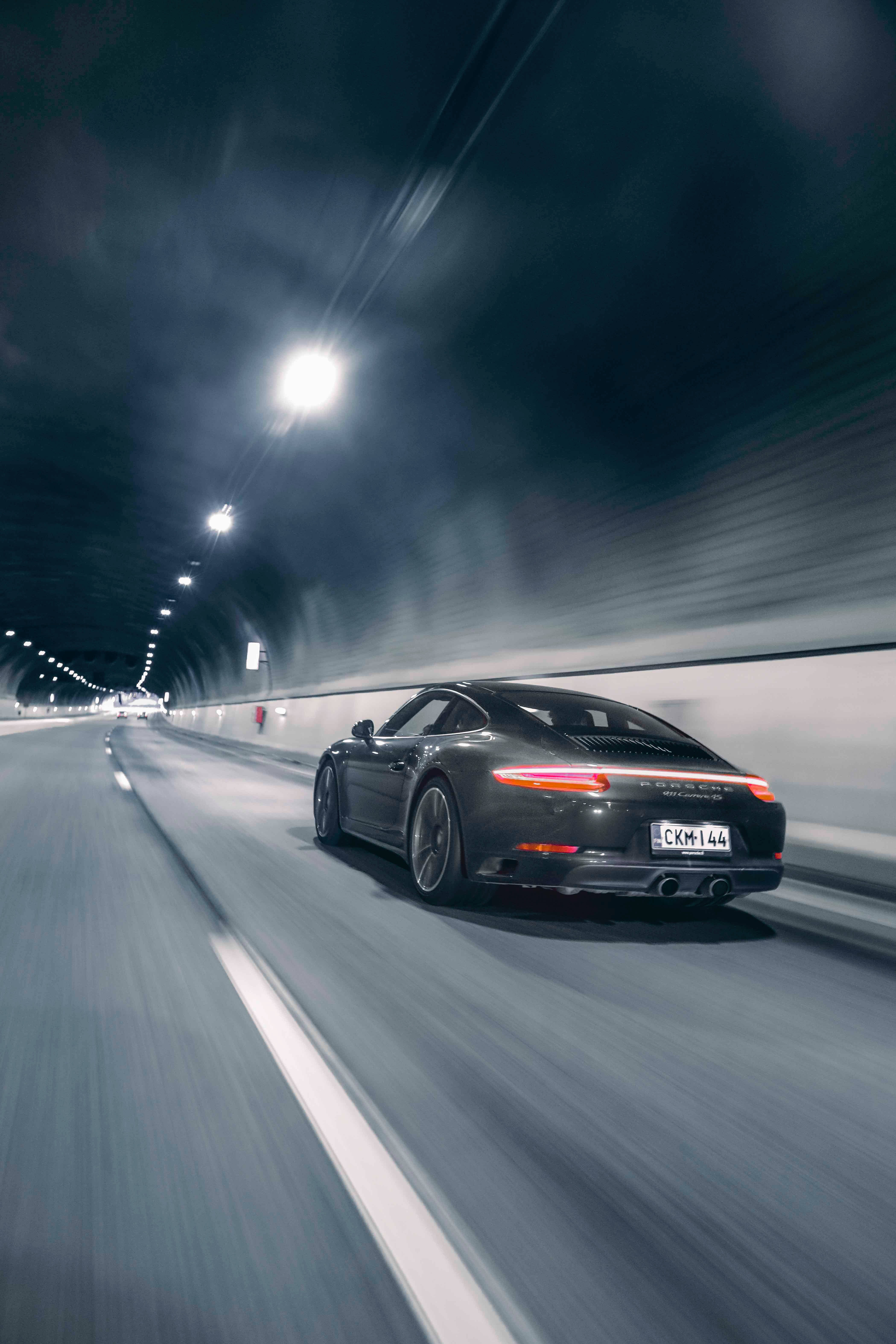Porsche 911, black, tunnel, 5K Phone Wallpaper