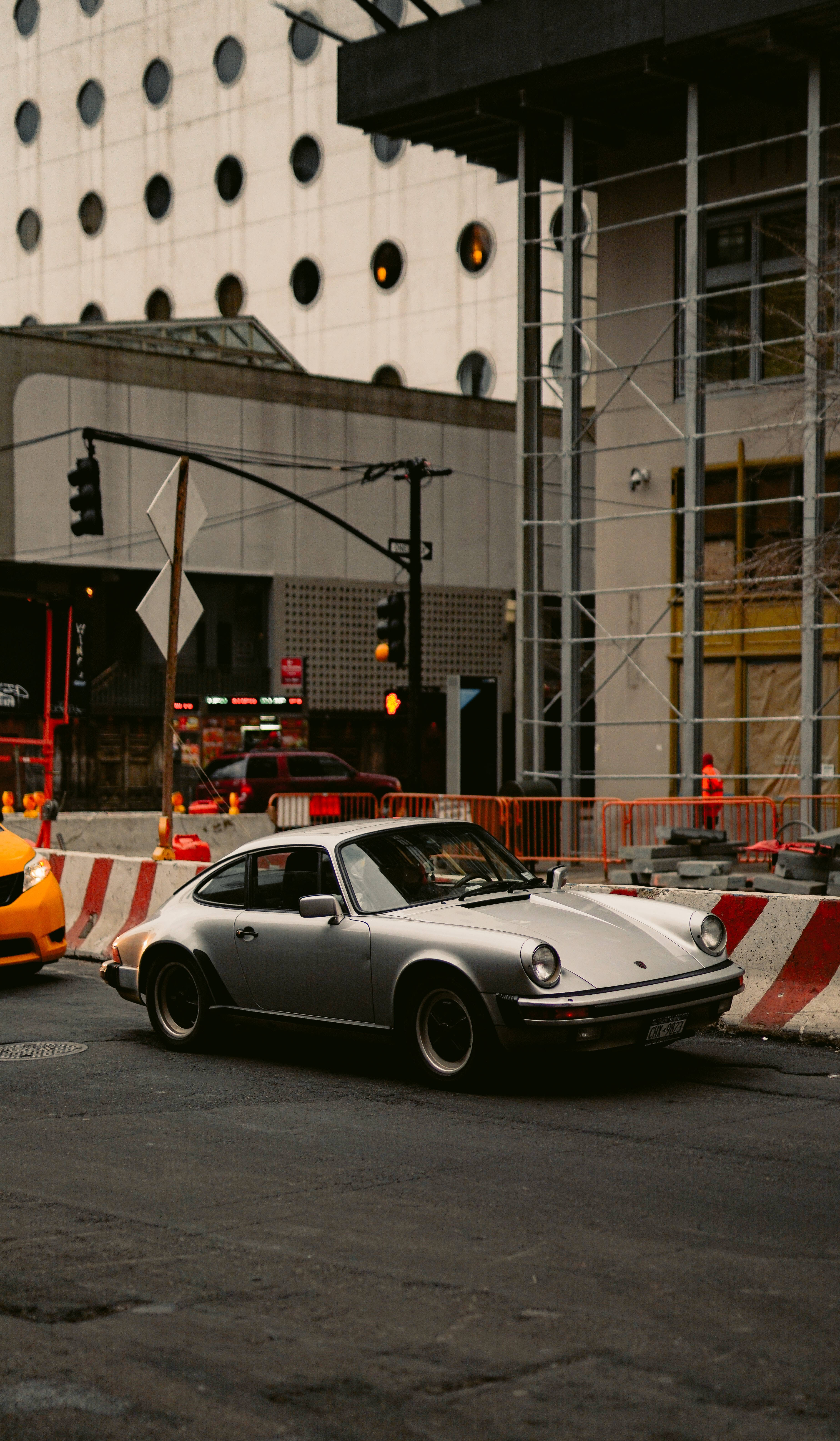 Porsche 911, silver, city street, 5K Phone Wallpaper