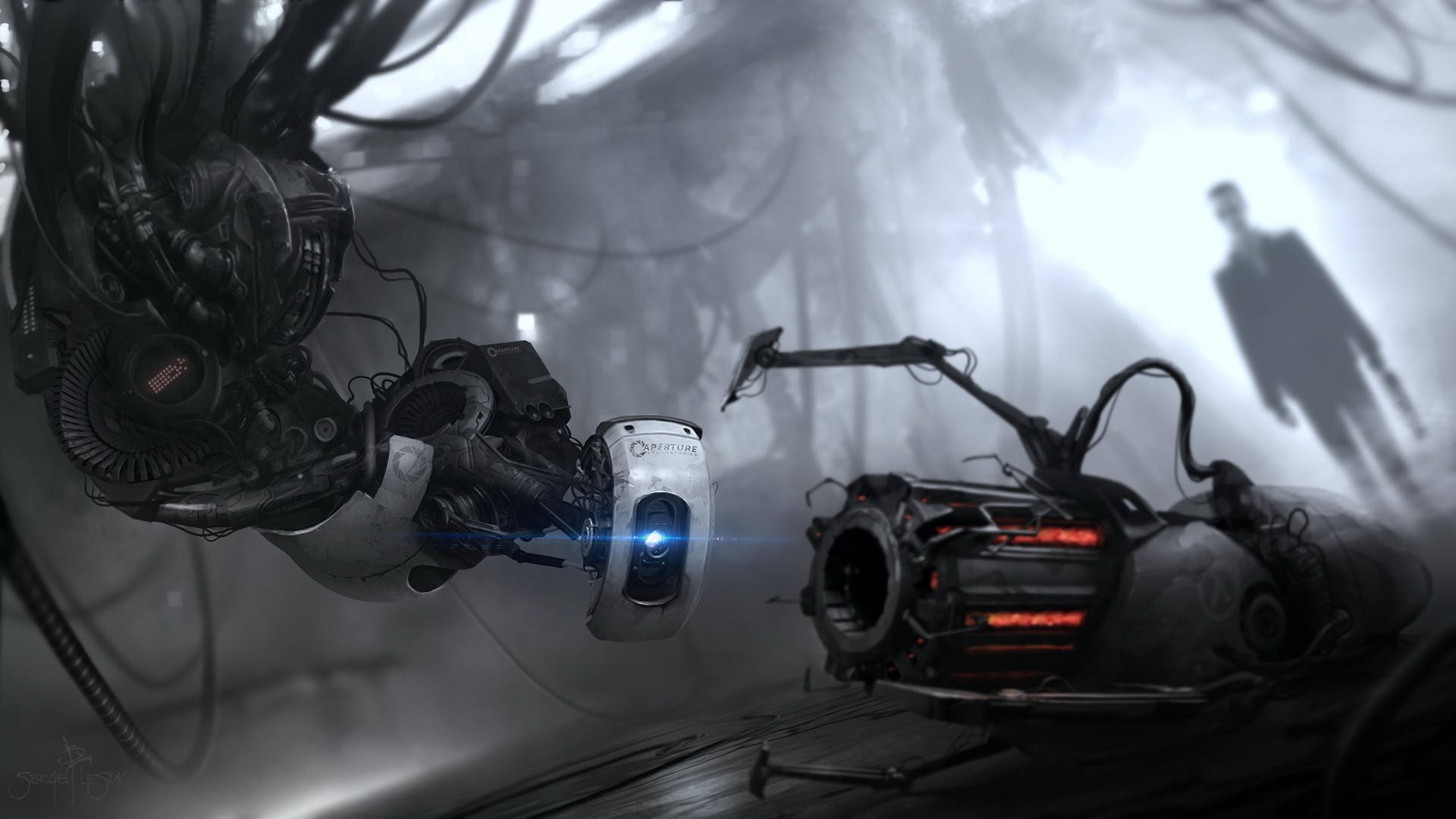 Portal 2 Dual Screen, glowing blue lens, mechanical device, Full HD Desktop Wallpaper