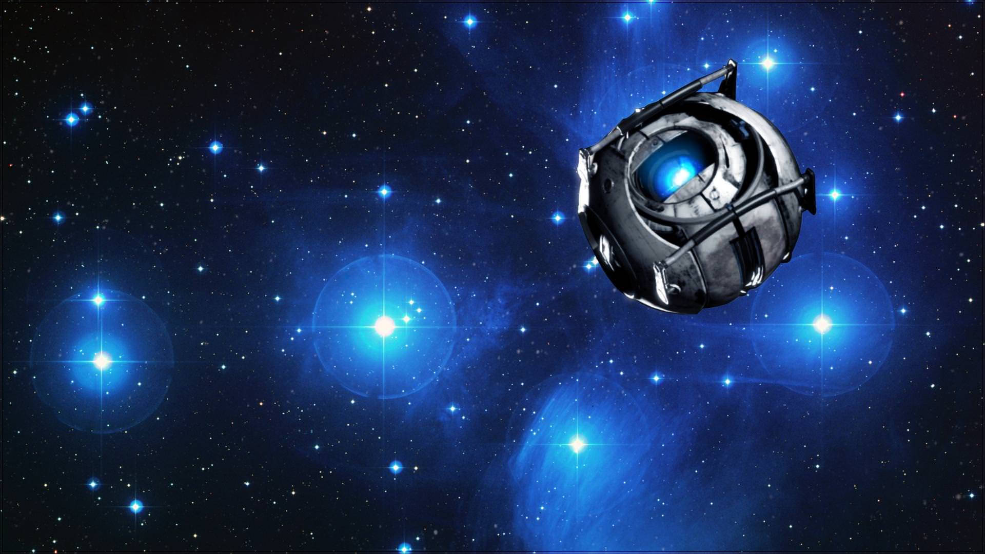 Portal 2 Dual Screen, metallic spherical robot, glowing blue core, Full HD Desktop Wallpaper