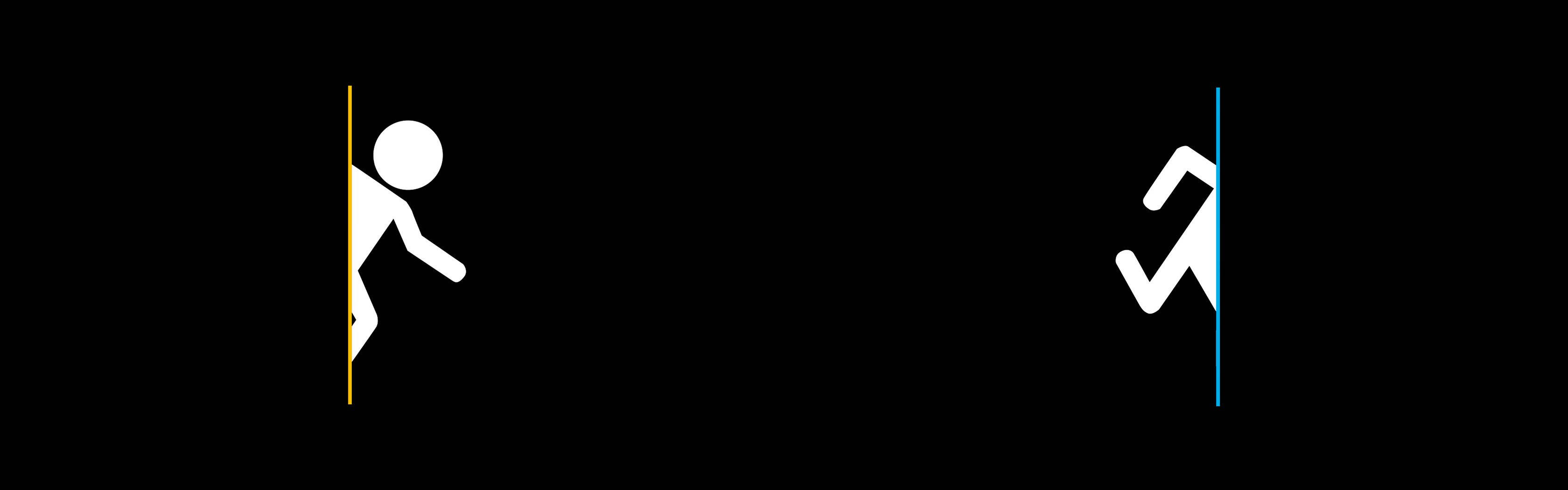 Portal 2, dual screen, white stick figures, 2K Desktop Wallpaper