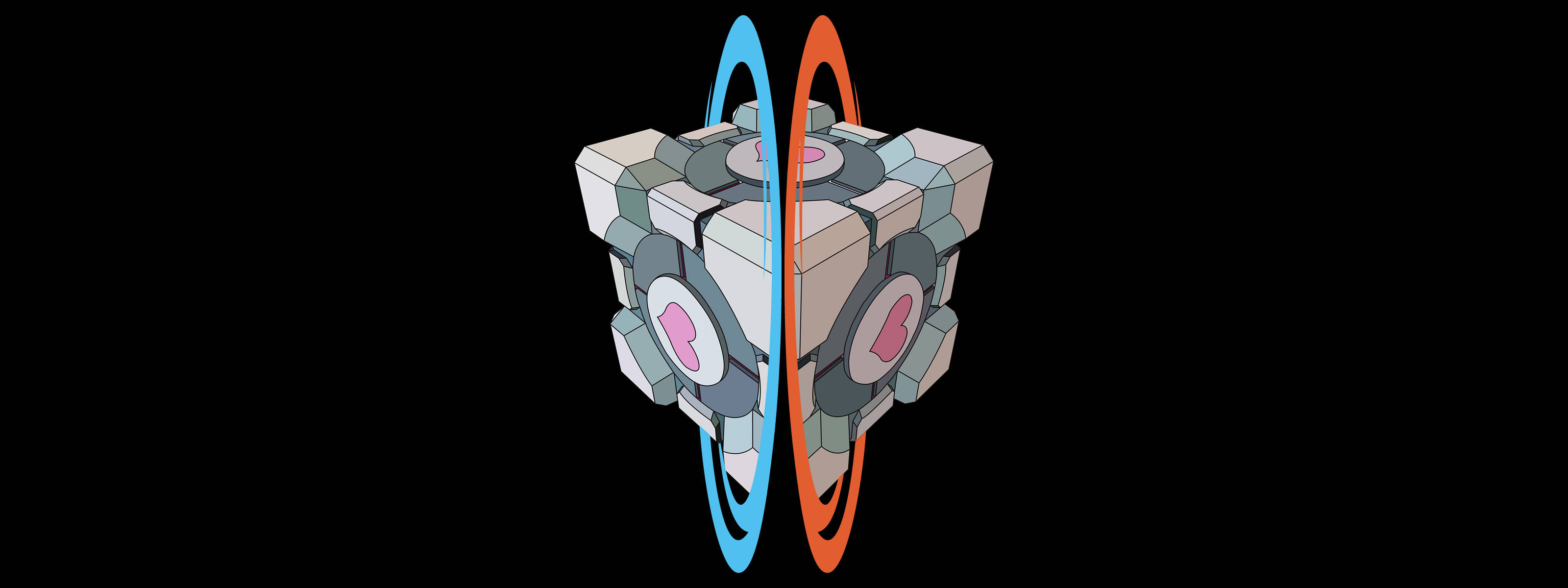 Portal 2 Dual Screen, glowing cube, blue and orange rings, 2K Desktop Wallpaper