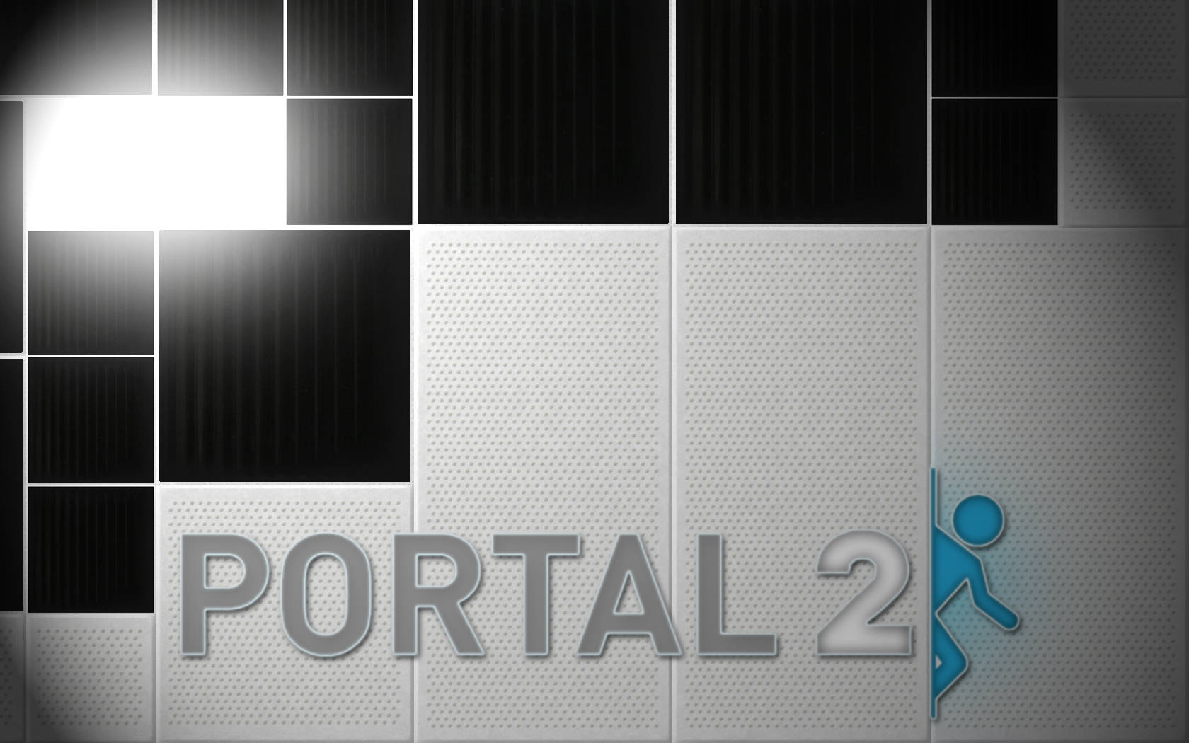 Portal 2, metallic tiled wall, blue stick figure, HD Desktop Wallpaper