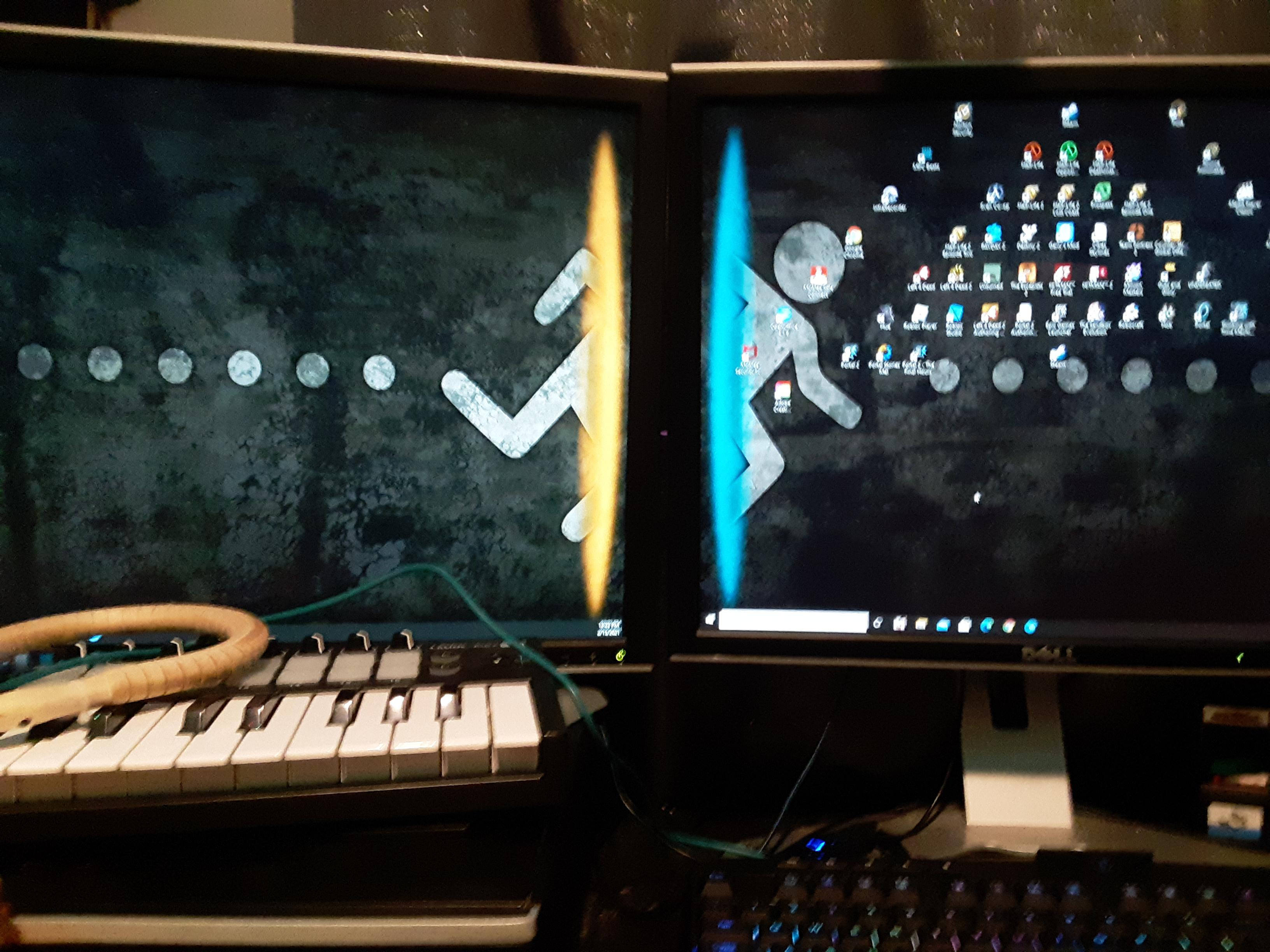 Portal 2, dual screen, stick figure, 2K Desktop Wallpaper