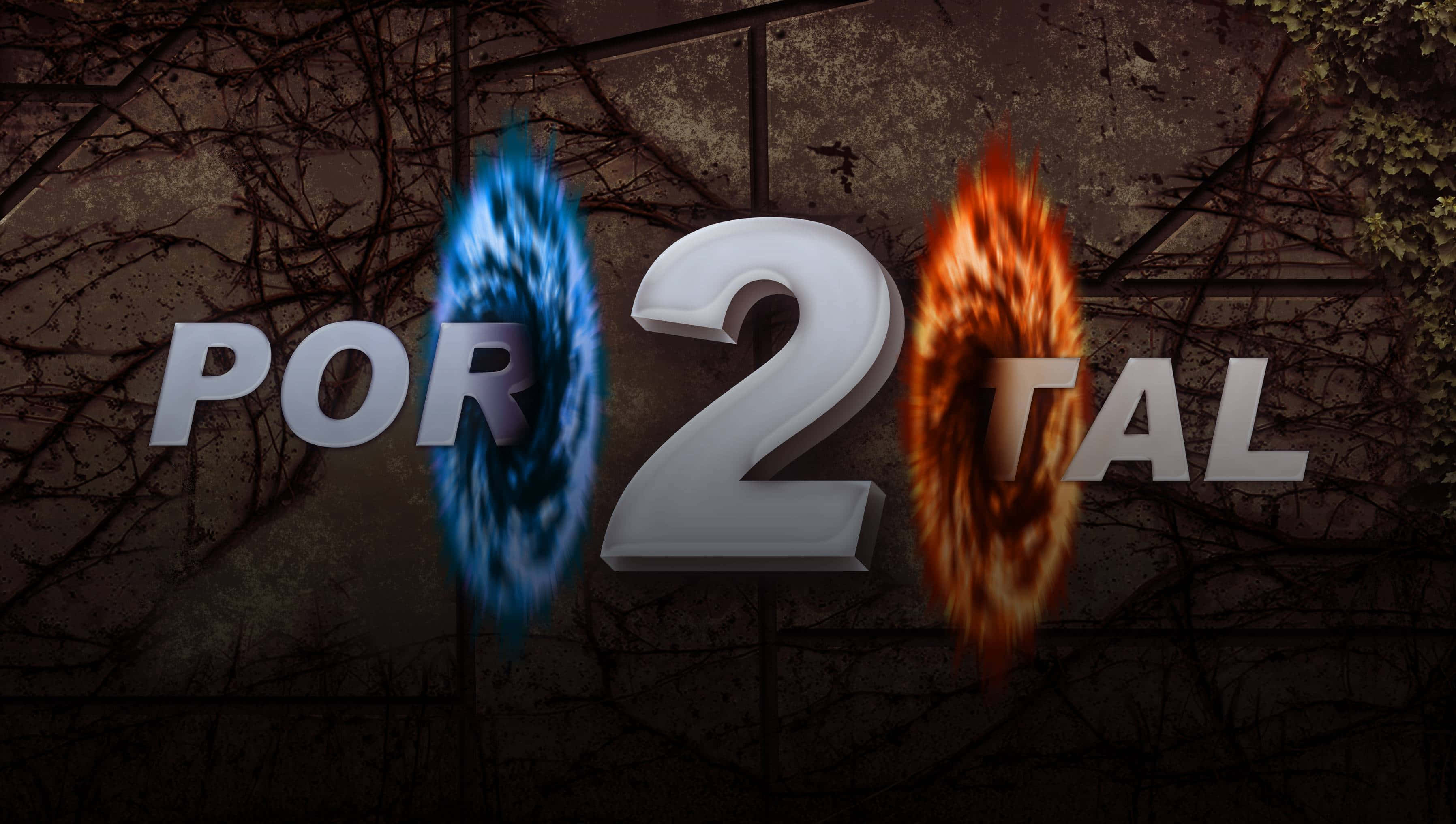 Portal 2, blue and orange portals, dark vine-covered wall, 2K Desktop Wallpaper