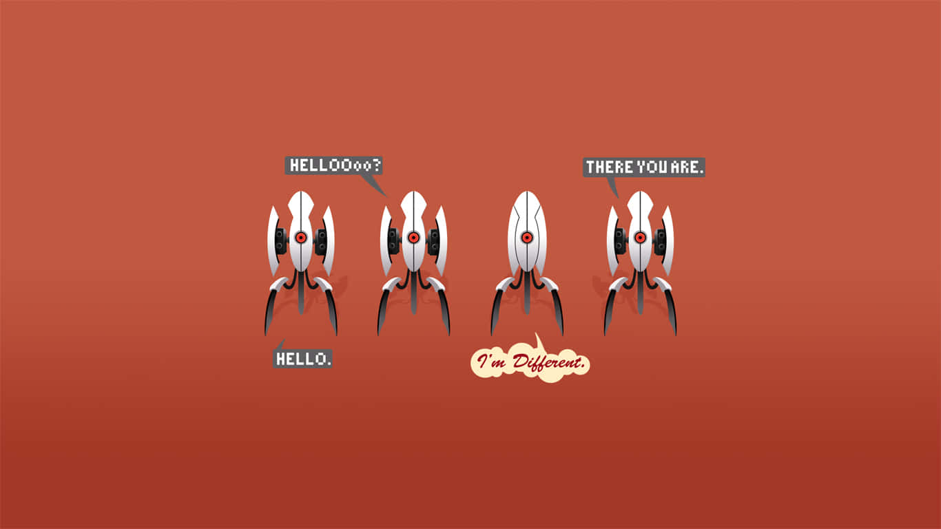 Portal 2, turret, speech bubbles saying hello there you are and i m different, HD Desktop Wallpaper
