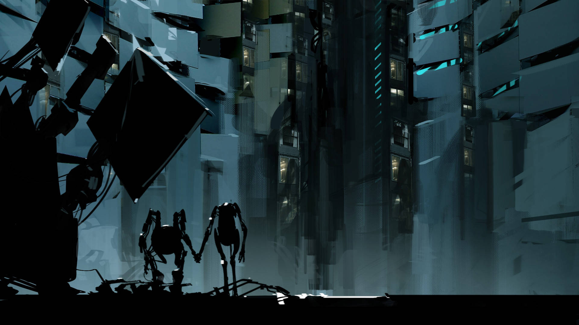 Portal 2, robotic figures, cyberpunk cityscape, Full HD Desktop Wallpaper