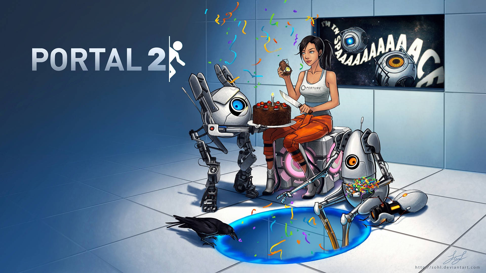 Portal 2, blue-tiled room, portal puddle, Full HD Desktop Wallpaper