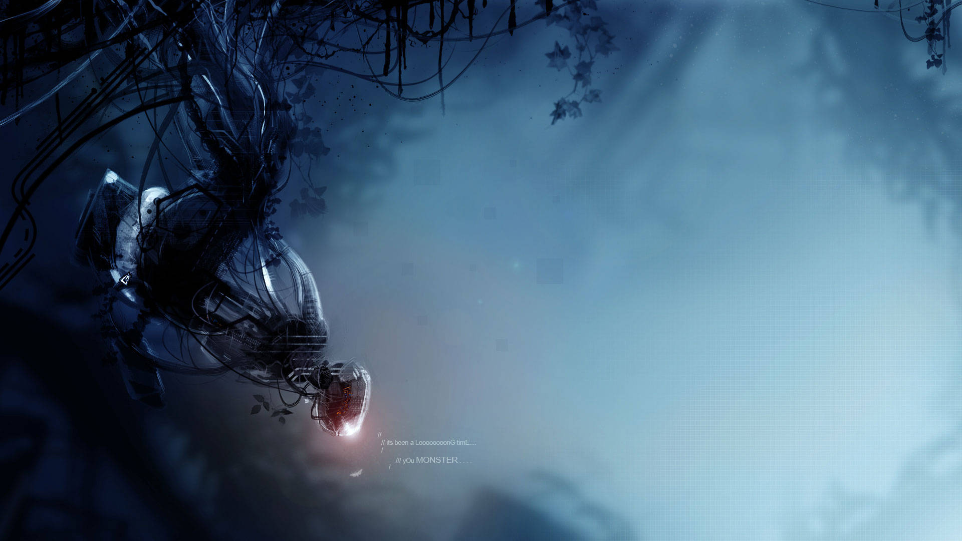 Portal 2, foggy forest, glowing red-eyed robotic figure, Full HD Desktop Wallpaper