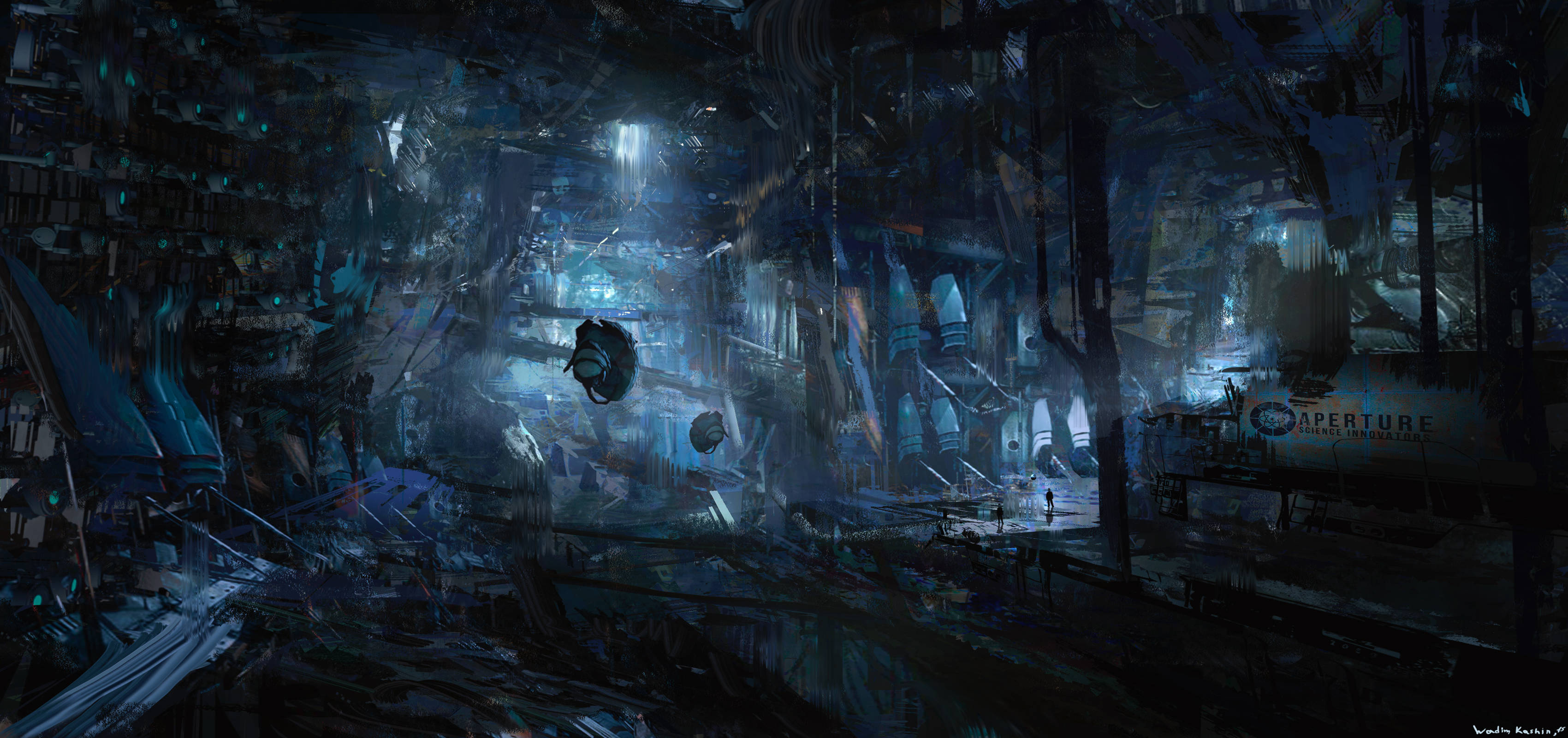Portal 2, dark blue, sci-fi ruin, 2K Desktop Wallpaper