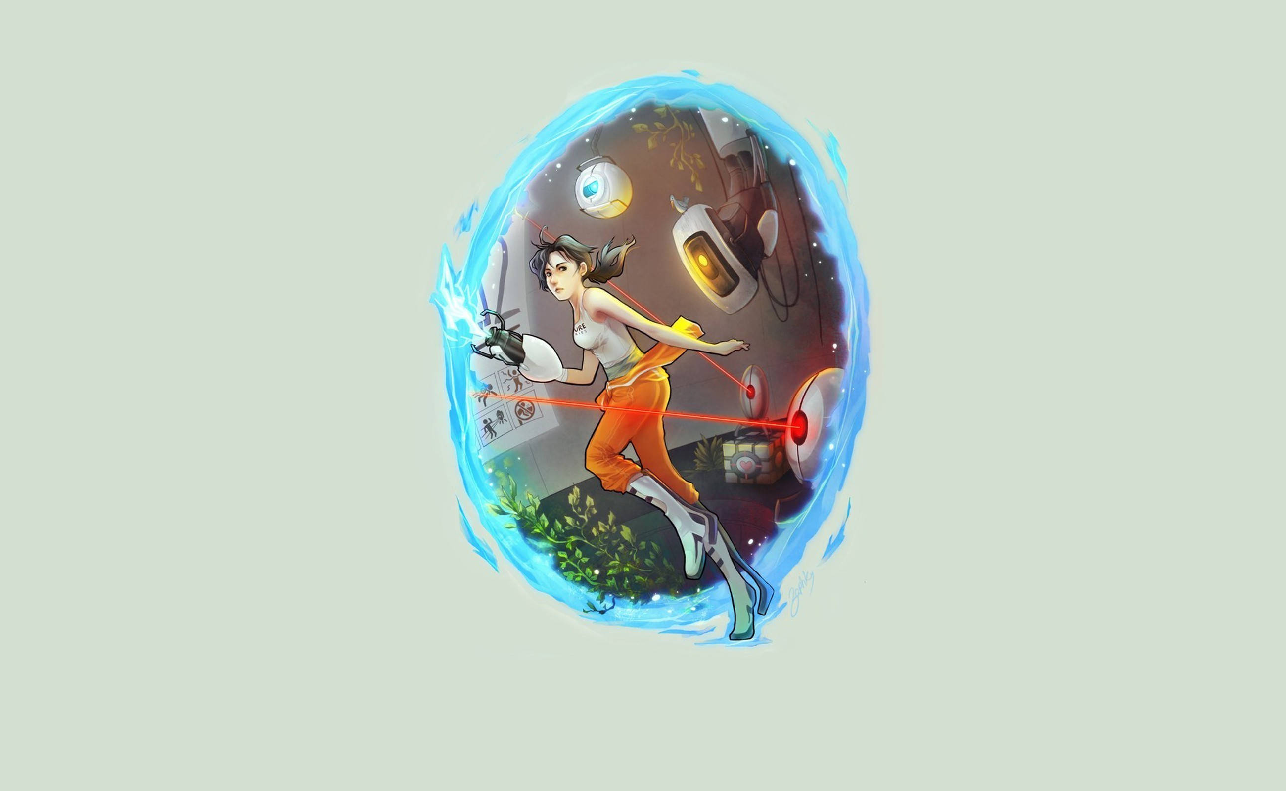 Portal 2, orange pants, glowing blue portal, 2K Desktop Wallpaper