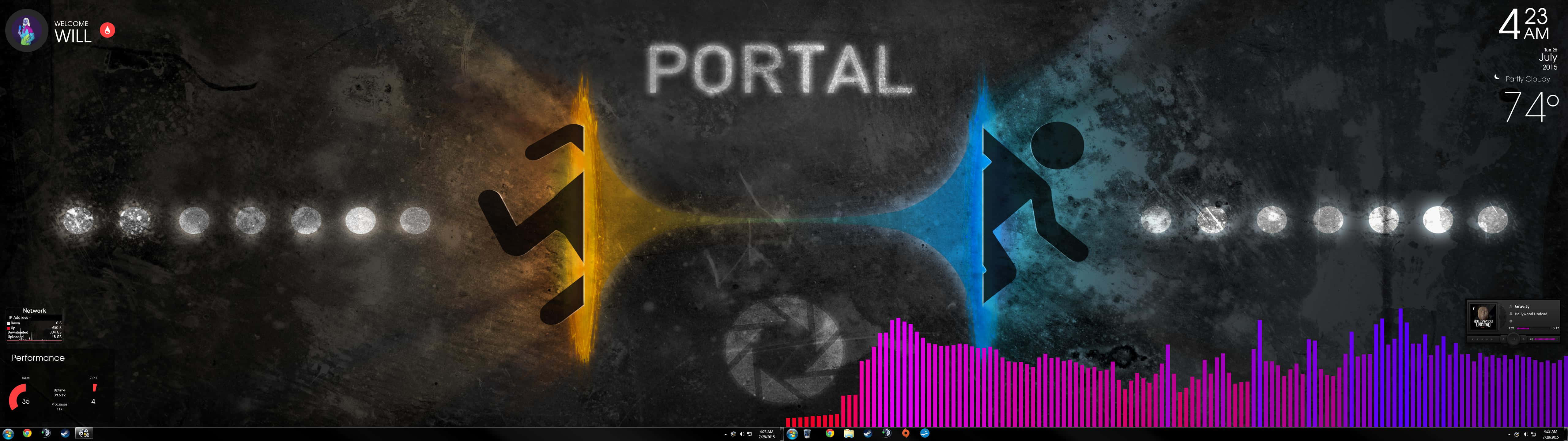 Portal 2, glowing yellow and blue portals, silhouetted figures, 5K Desktop Wallpaper