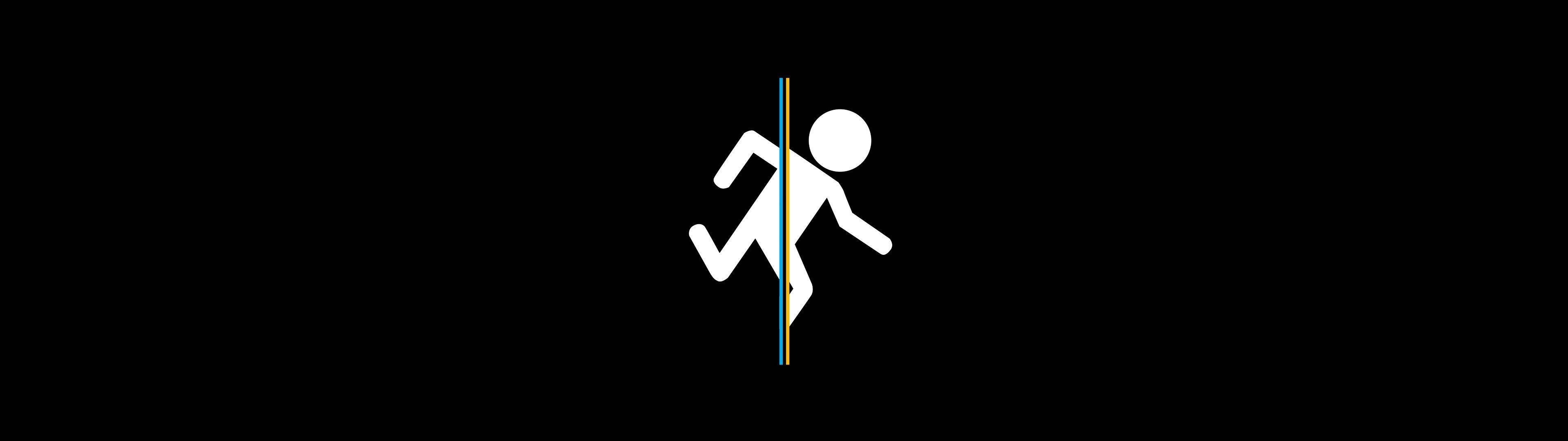 Portal Dual Screen, white stick figure, black background, 4K Desktop Wallpaper