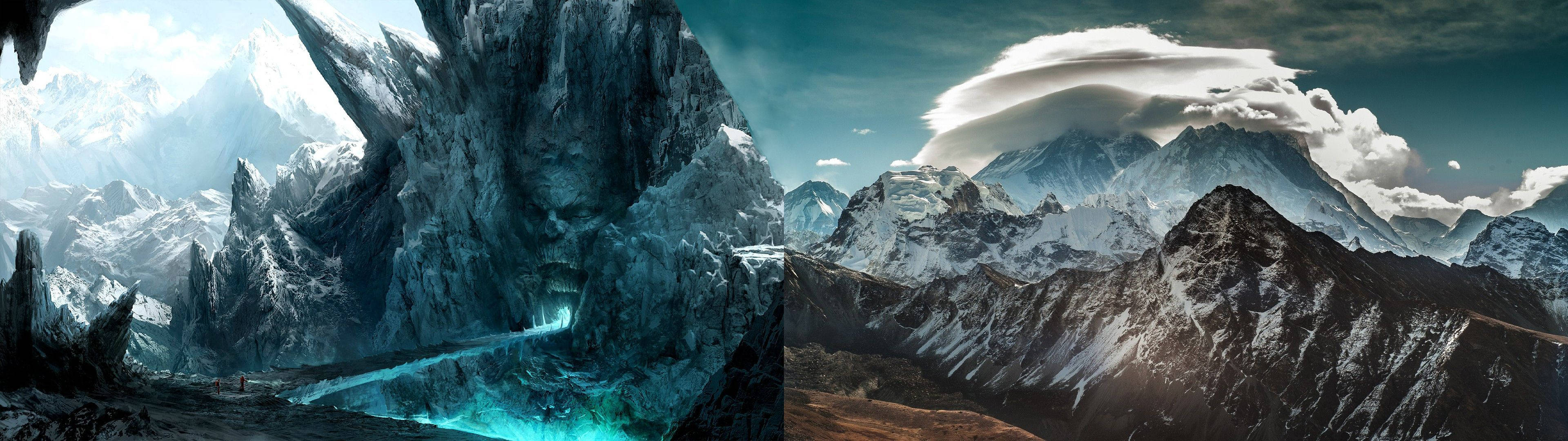 Portal Dual Screen, glowing blue caves, jagged ice mountains, 4K Desktop Wallpaper