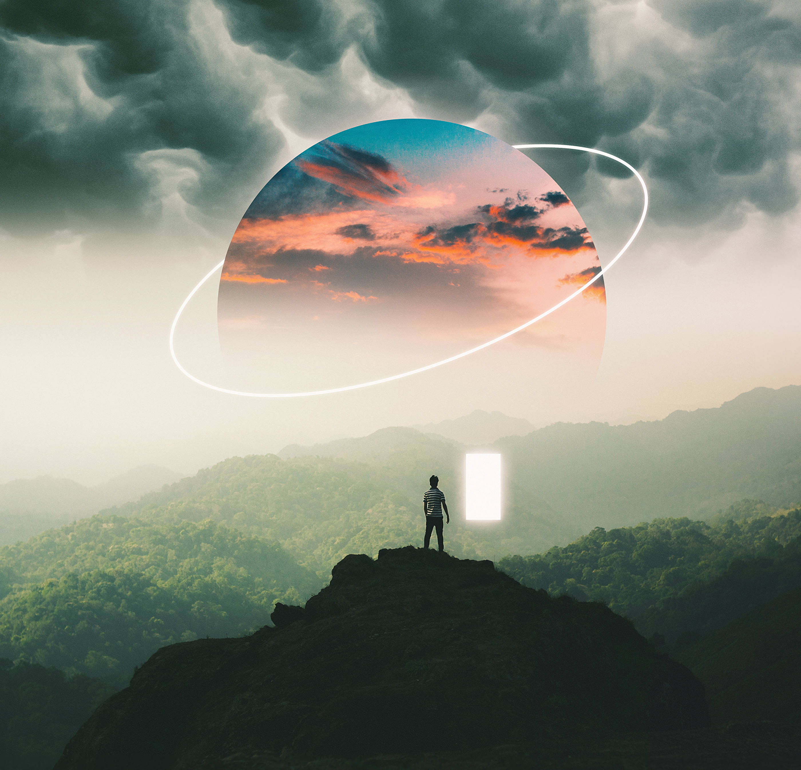 portal, planet with rings, stormy sky, 2K Desktop Wallpaper