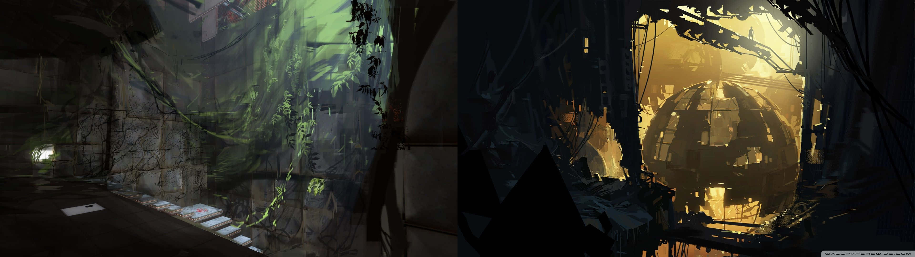 Portal 4K, glowing green vines, shattered dome, 4K Desktop Wallpaper