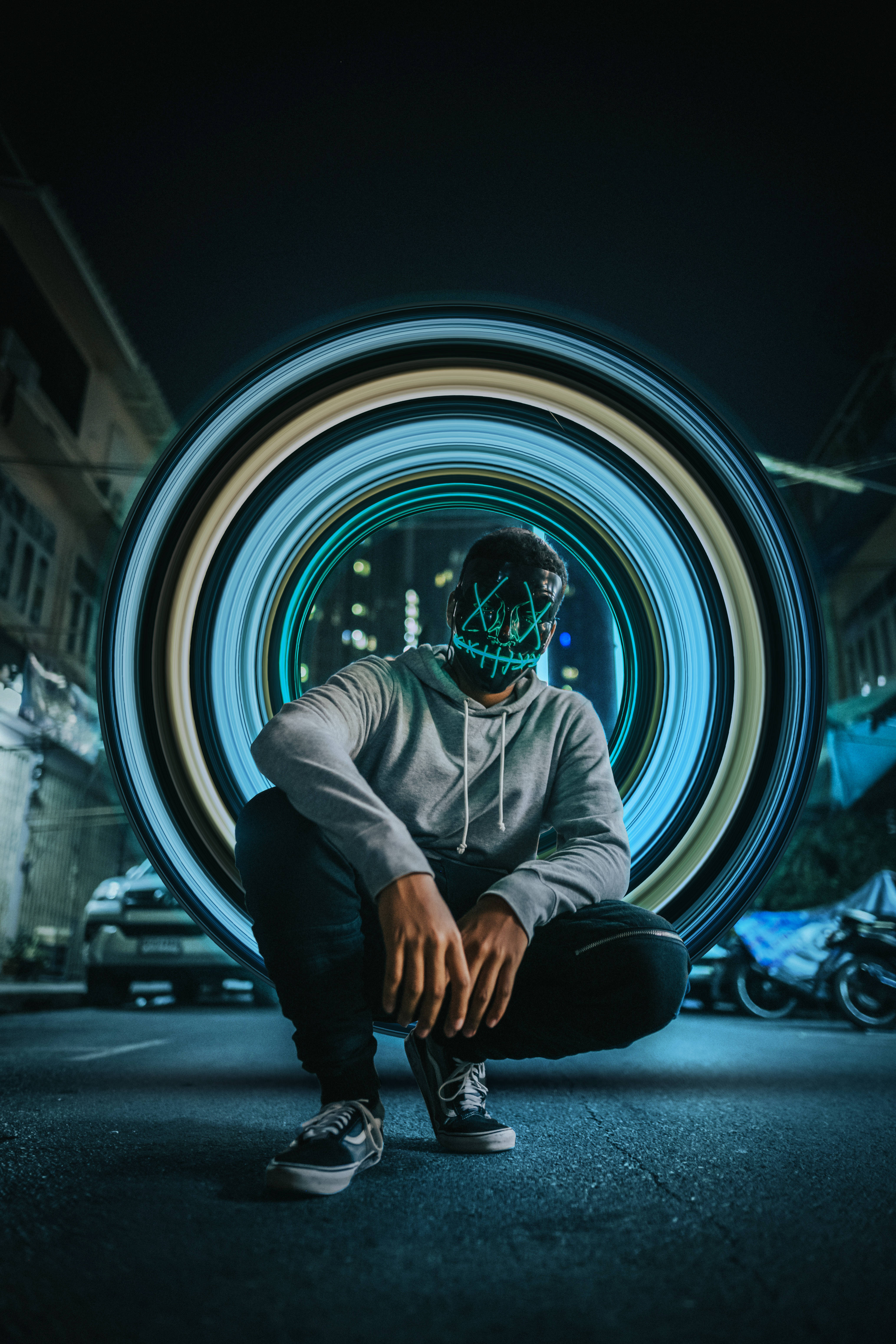 Portal, neon light trails, urban alleyway, 5K Phone Wallpaper
