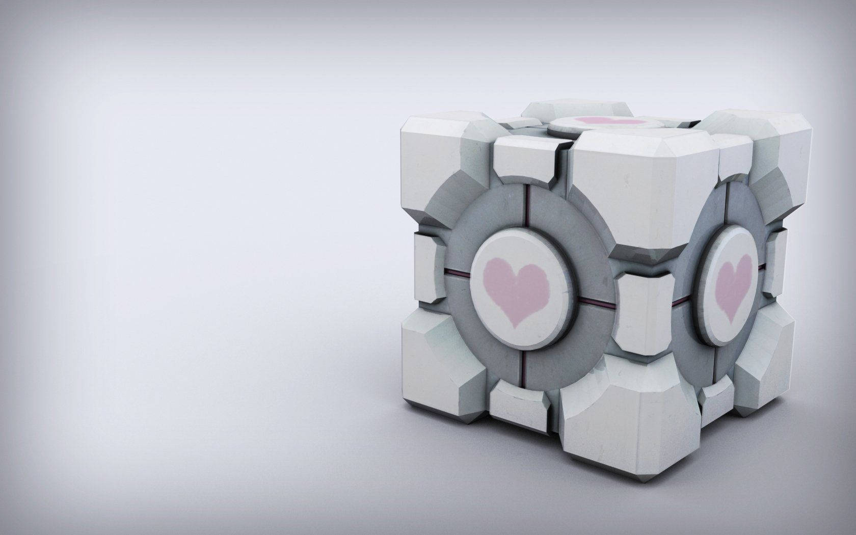 white box time travelling portal, white and gray robotic cube, pink heart symbols, HD Desktop Wallpaper
