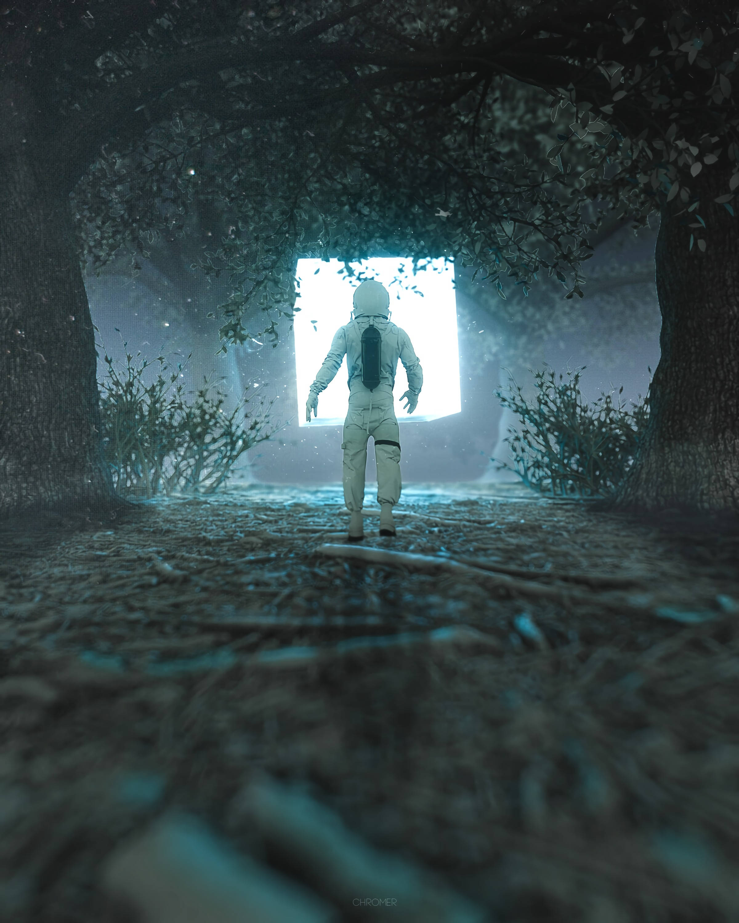 astronaut, dark forest, glowing rectangular portal, 2K Phone Wallpaper