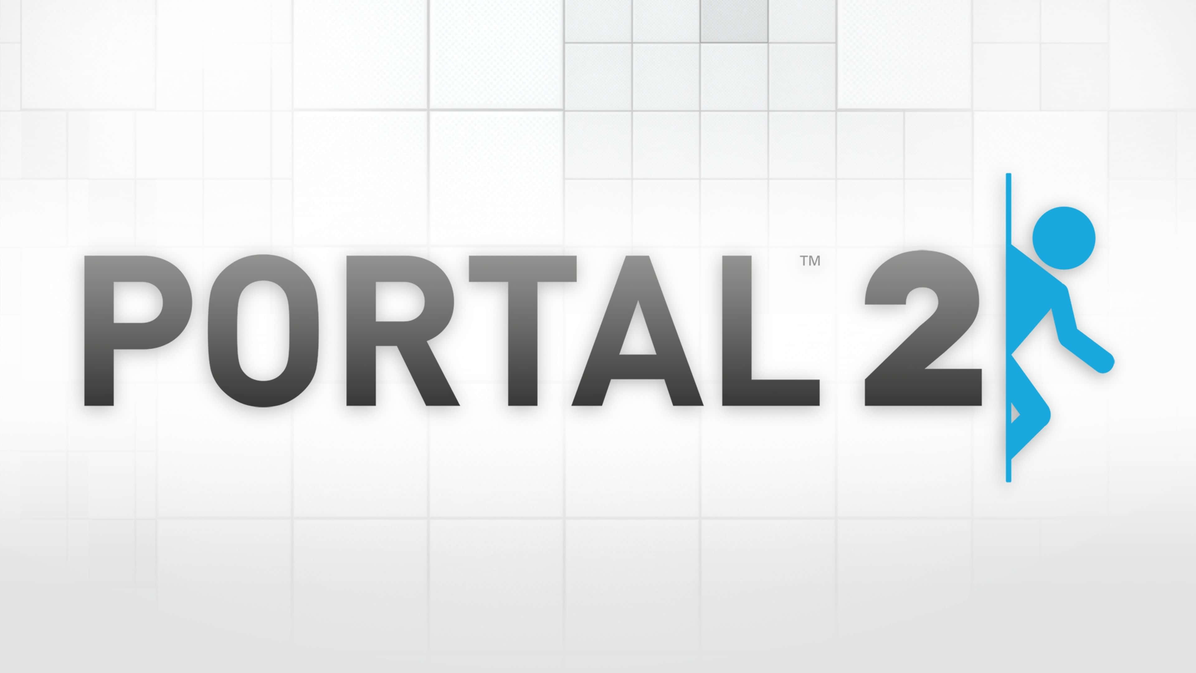 Portal 2, gray text, blue stick figure, 4K Desktop Wallpaper