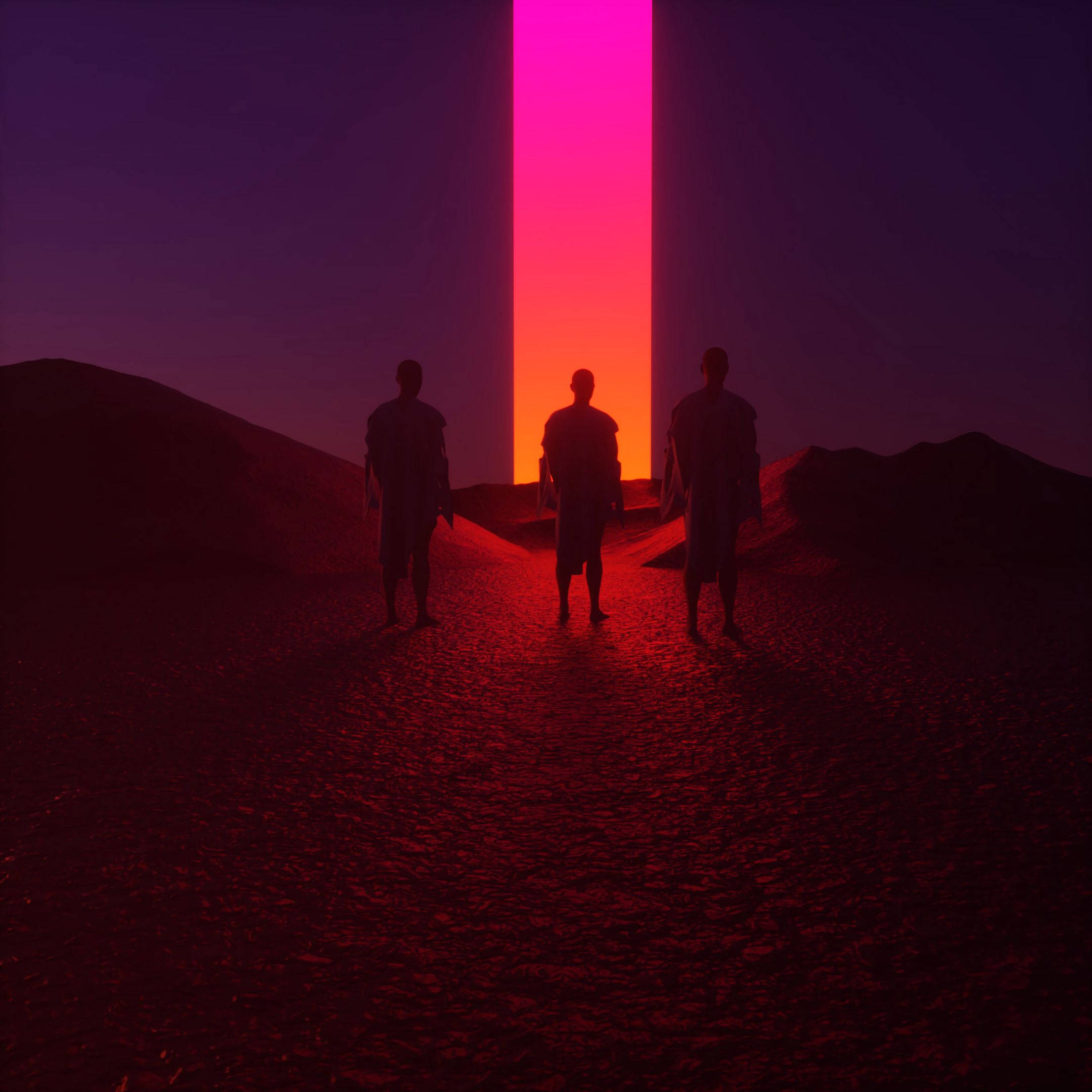 three men, glowing vertical beam, pink and orange light, Full HD Desktop Wallpaper