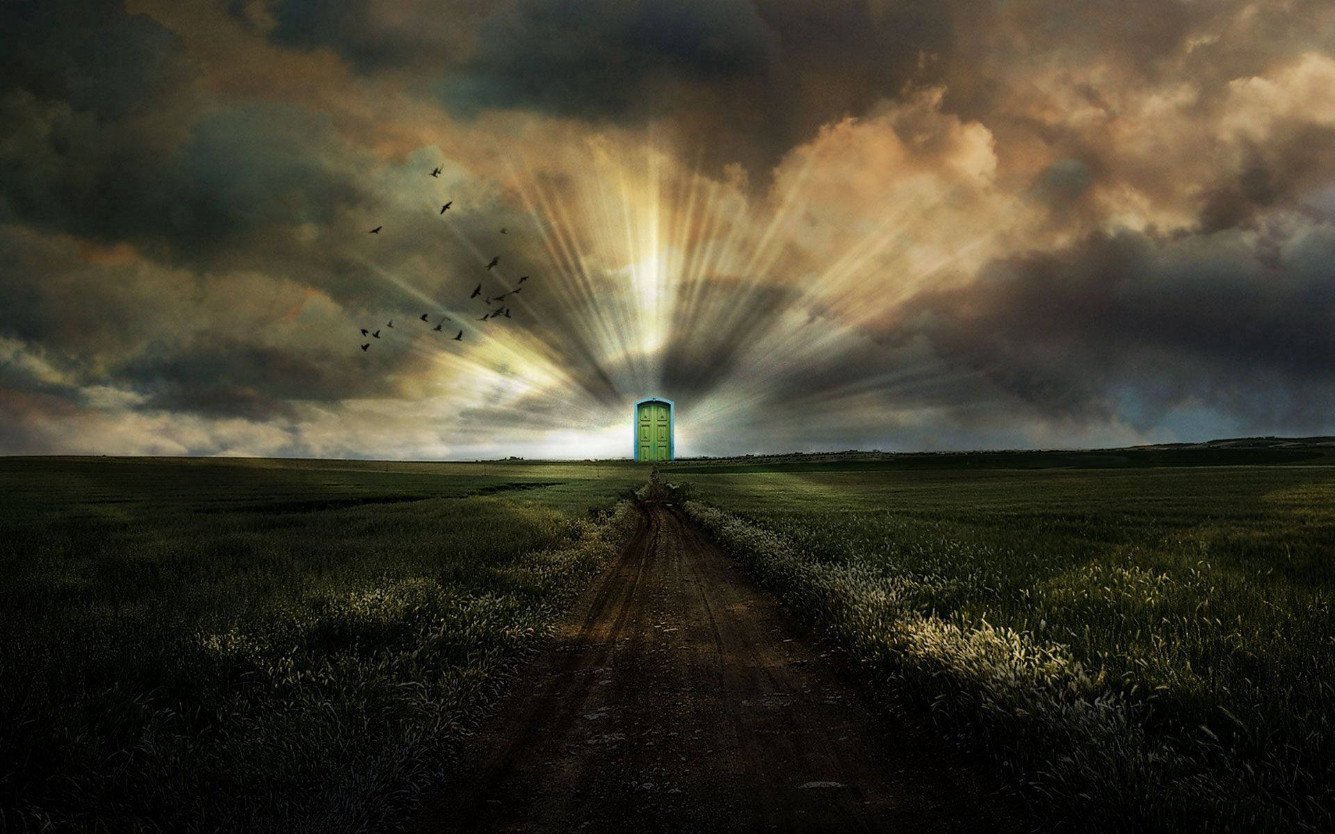 Portal, green door, dirt path, Full HD Desktop Wallpaper