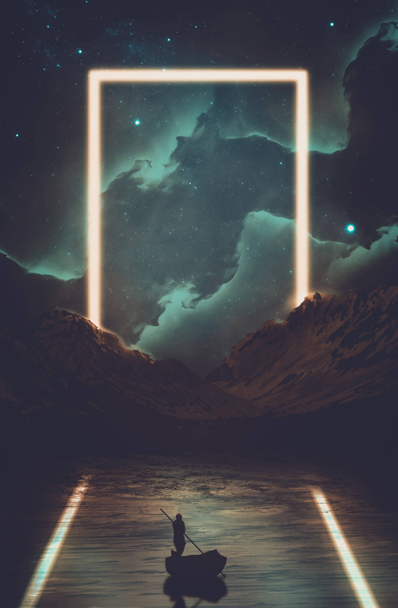 man, boat, glowing rectangular portal, Full HD Phone Wallpaper