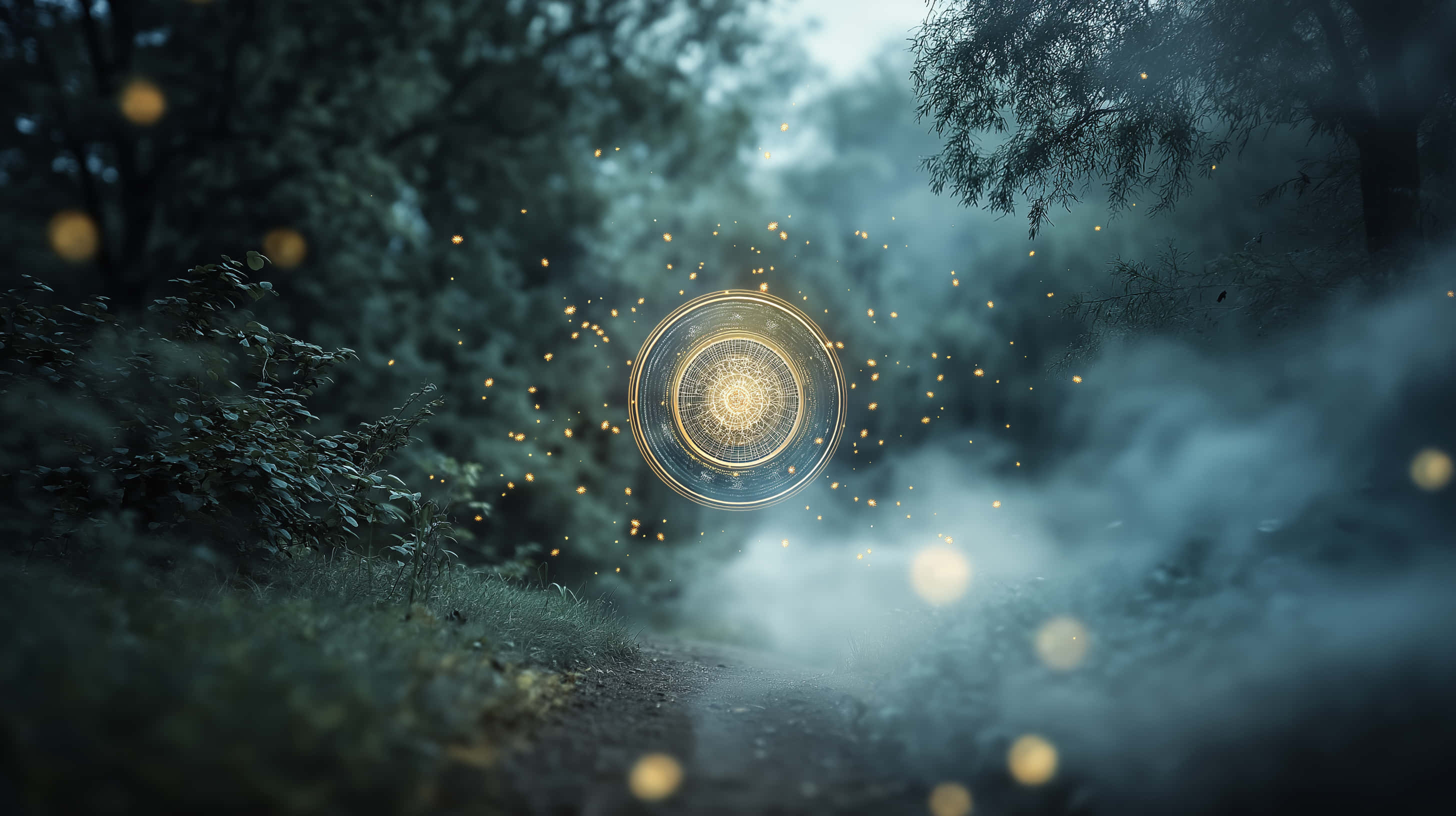 glowing golden circular portal, intricate patterns, misty forest, 2K Desktop Wallpaper