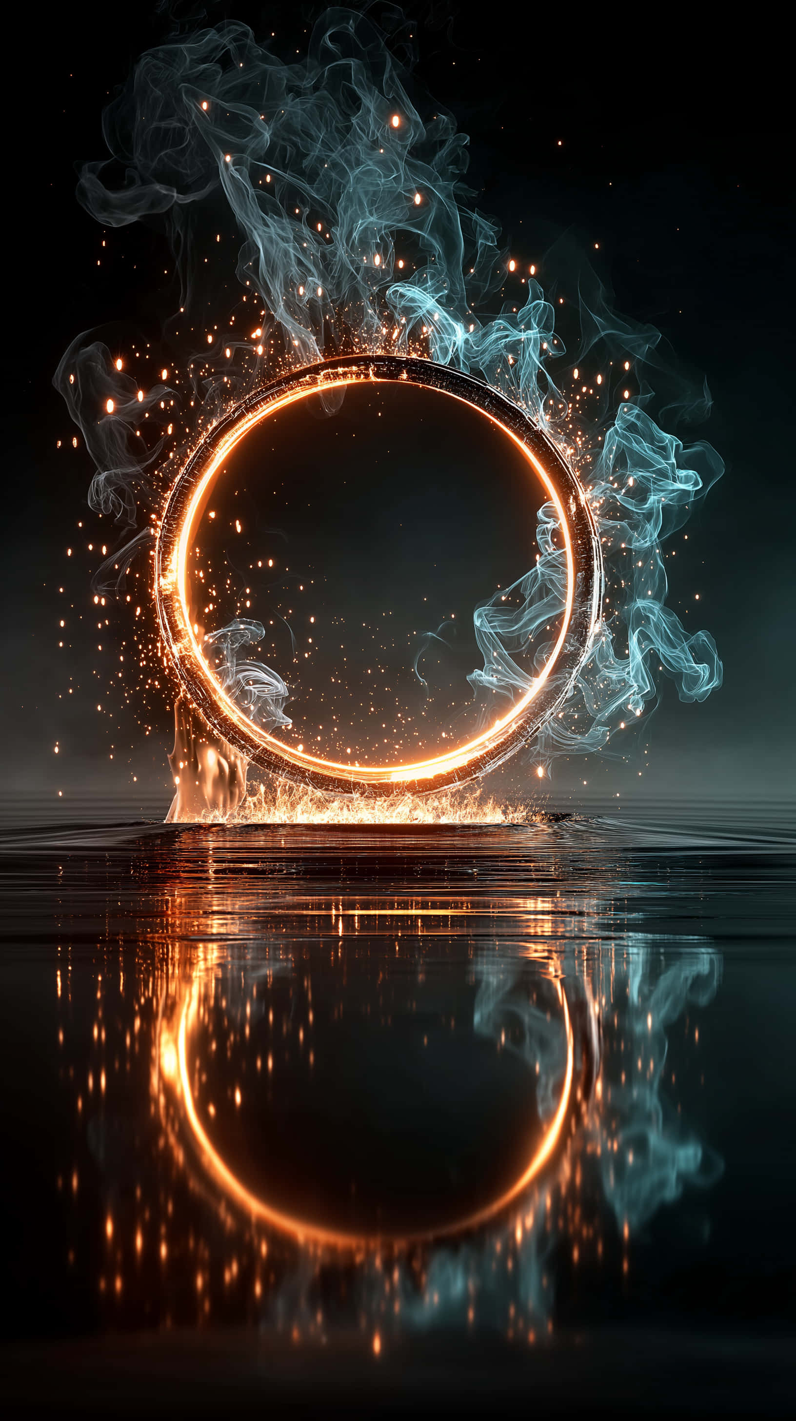 cosmic gateway, glowing golden ring, water, 2K Phone Wallpaper