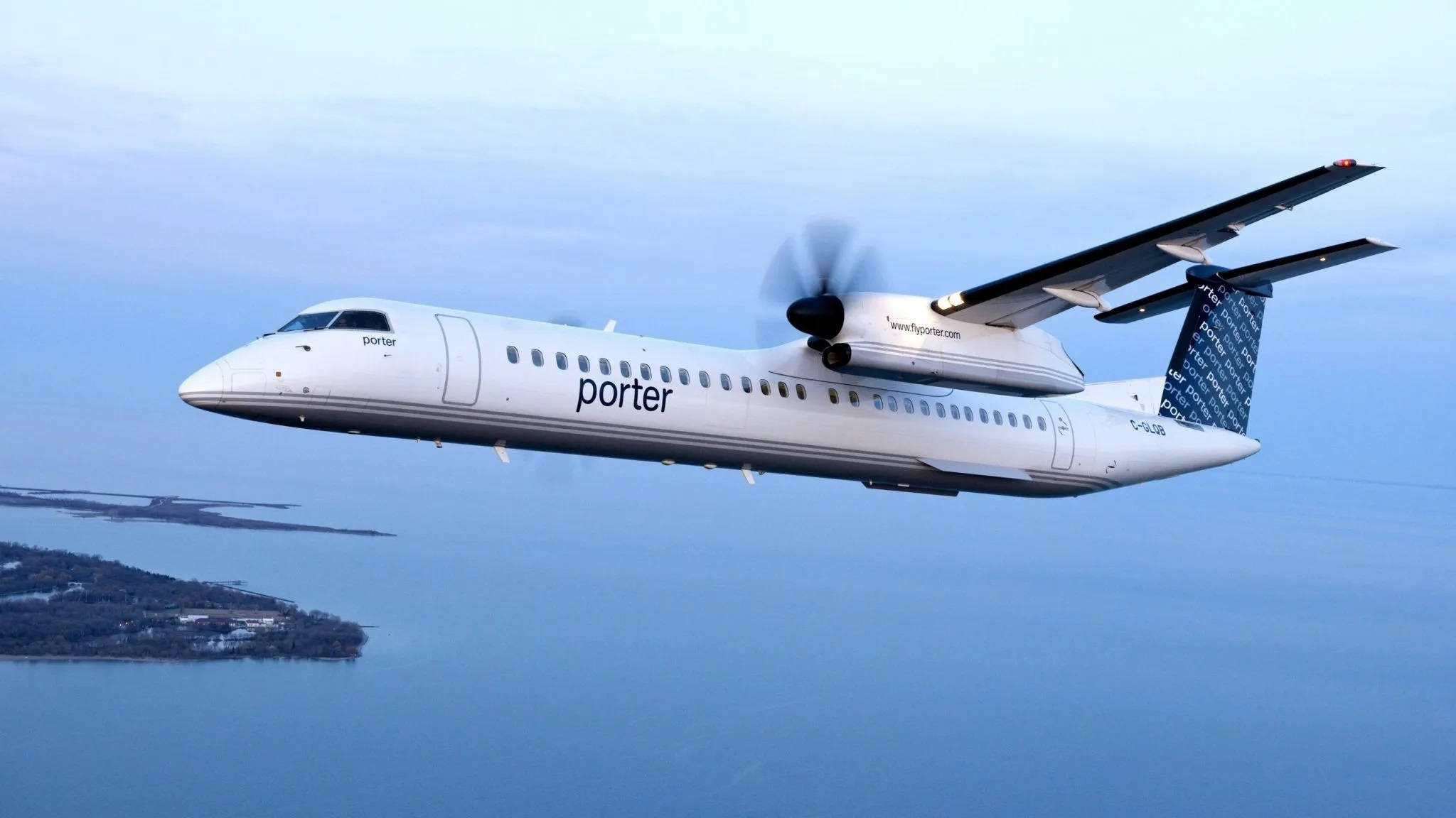 Porter Airlines, turboprop airplane, blue waterway, Full HD Desktop Wallpaper