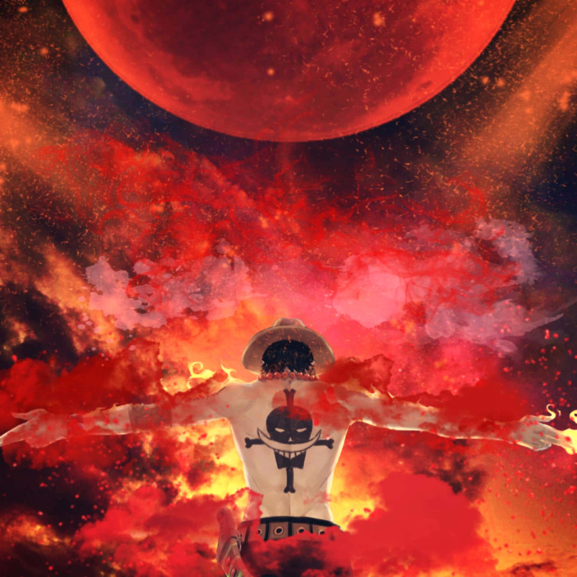 Portgas D Ace, red moon, fiery red and orange cosmic sky, Full HD Desktop Wallpaper