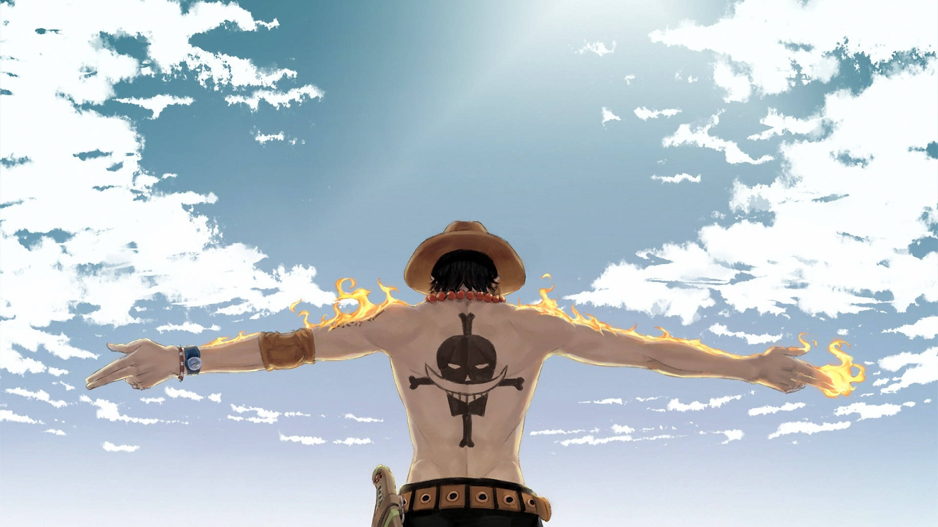Portgas D Ace, skull tattoo, flames erupt from shoulders, Full HD Desktop Wallpaper
