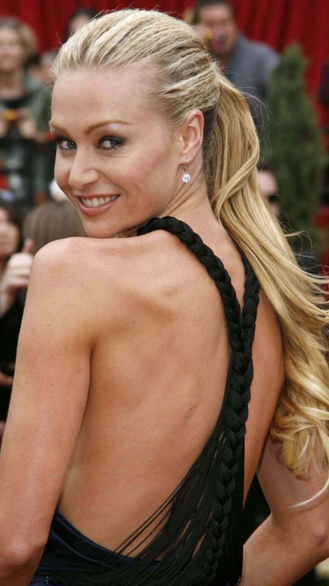 Portia de Rossi, black braided-back dress, red carpet event, Full HD Phone Wallpaper