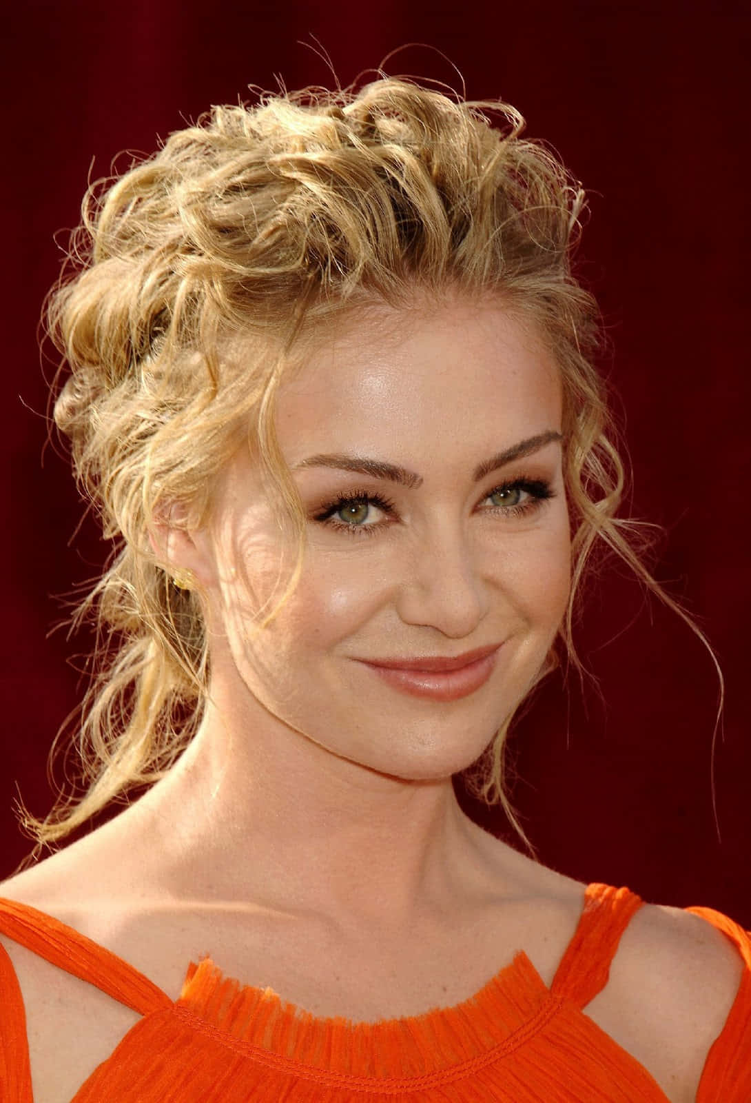 Portia de Rossi, orange dress, blonde curly hair, HD Phone Wallpaper
