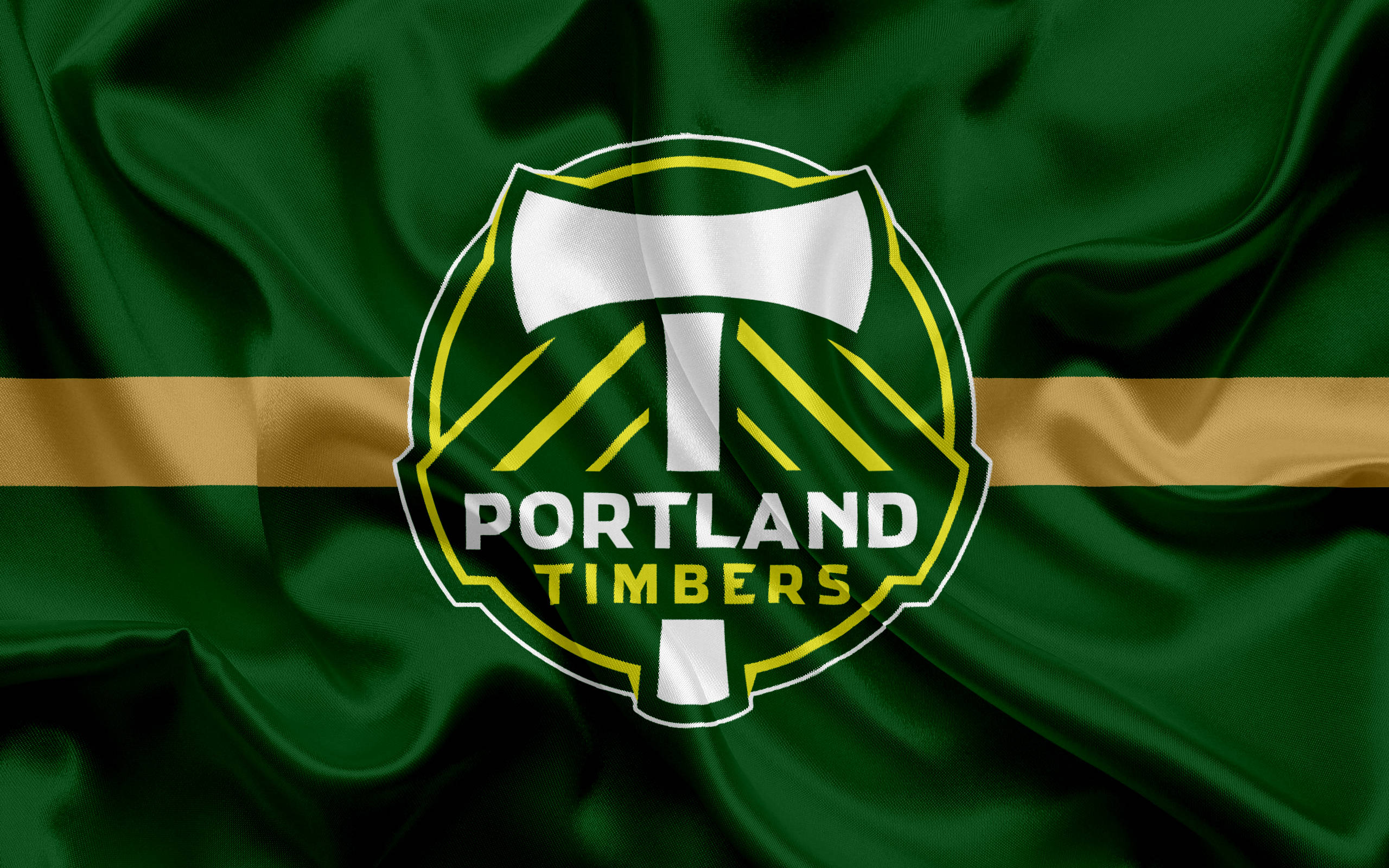 Portland Timbers, rich green satin flag, gold stripe, 2K Desktop Wallpaper