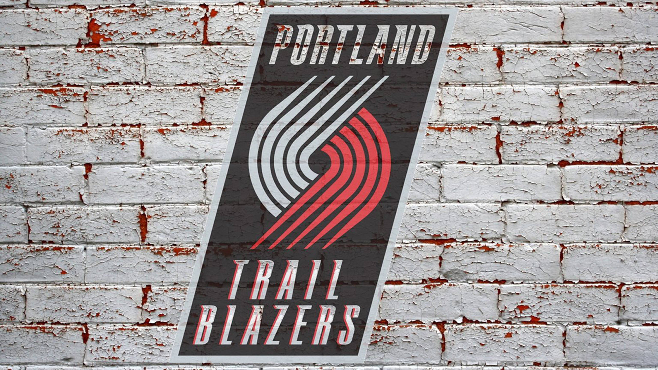 Portland Trail Blazers, logo poster, weathered white brick wall, 2K Desktop Wallpaper