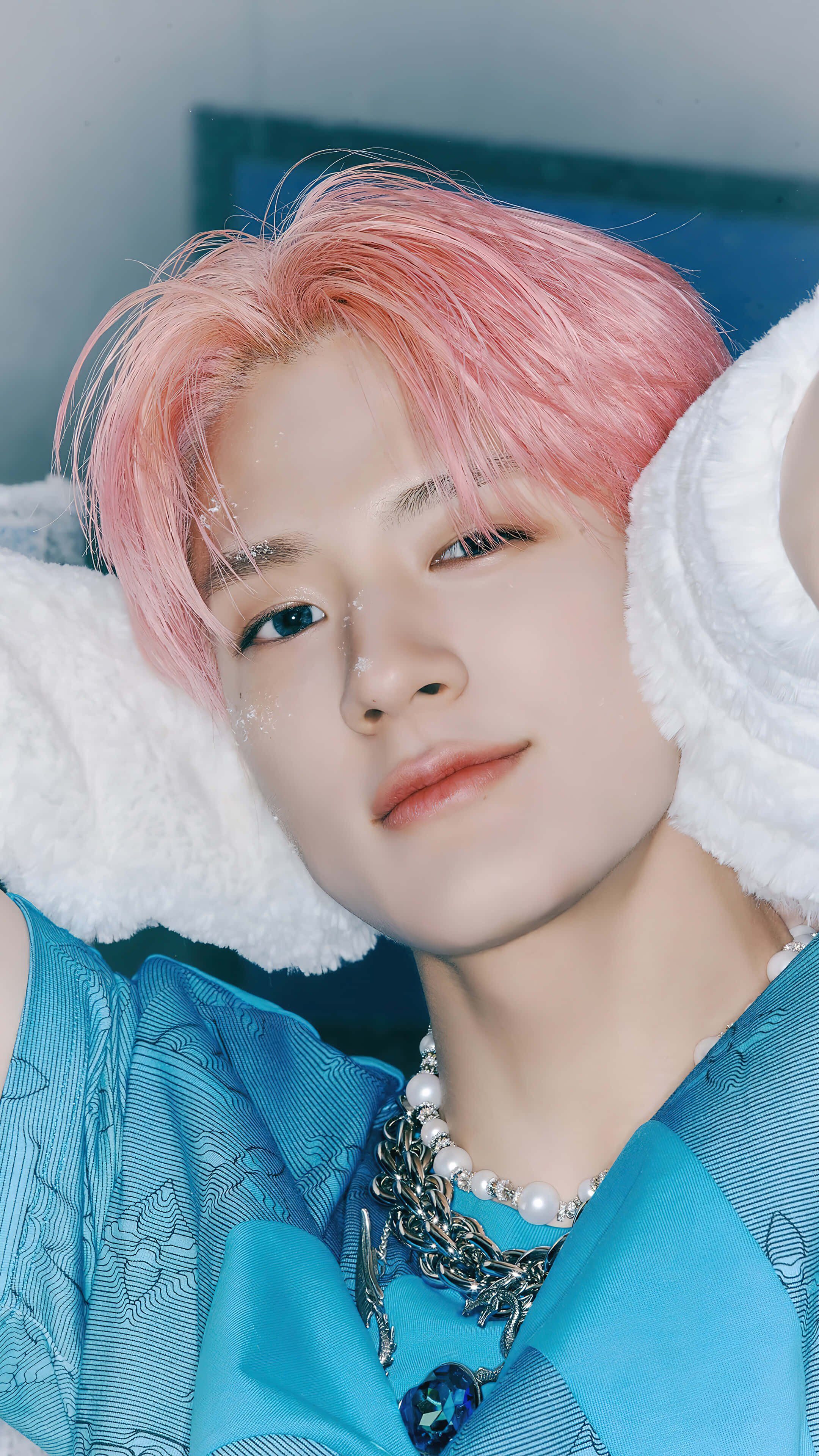 Portrait Mode, vibrant pink hair, fluffy white pillows, 4K Phone Wallpaper
