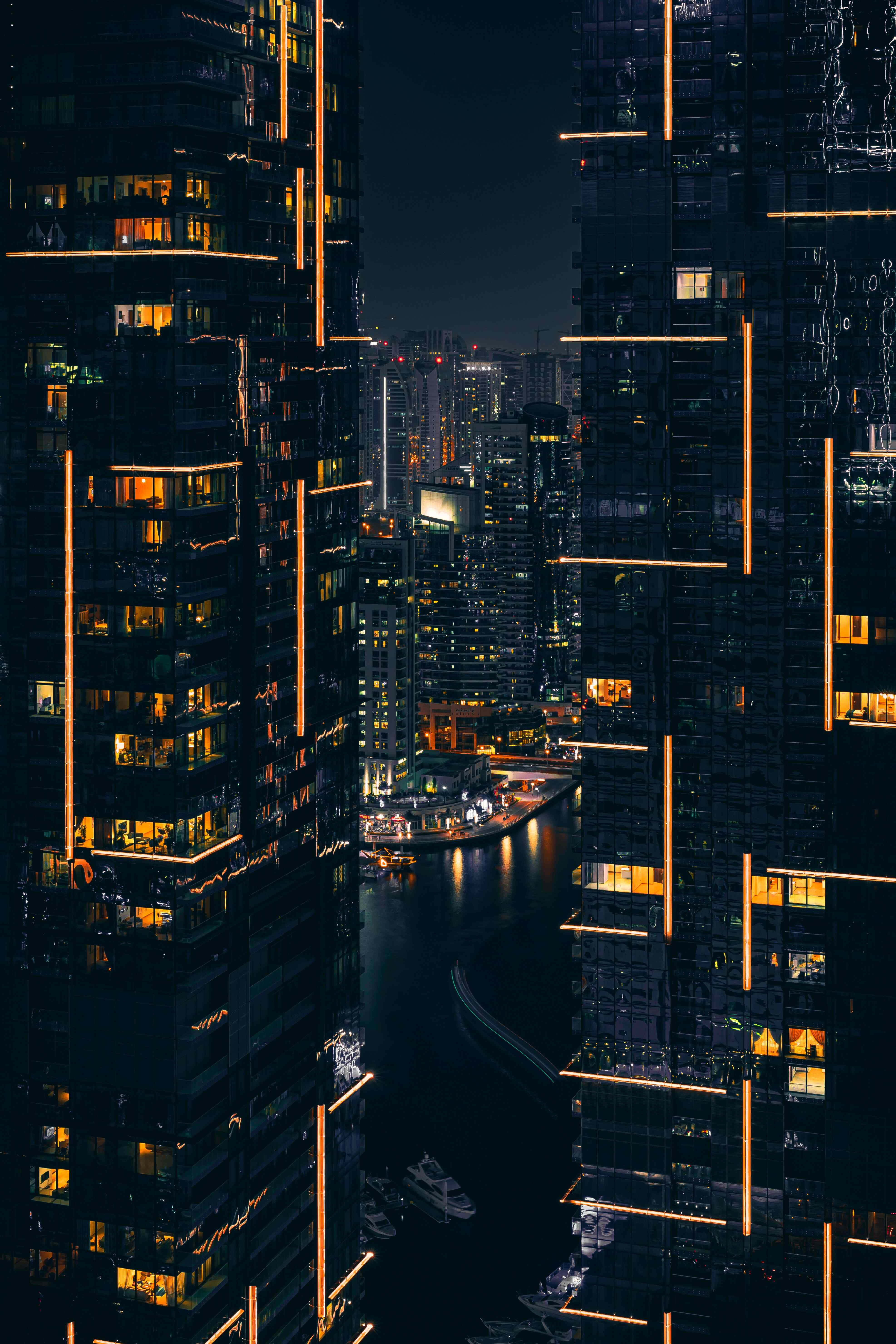 Portrait Mode, canal, skyscrapers, 5K Phone Wallpaper