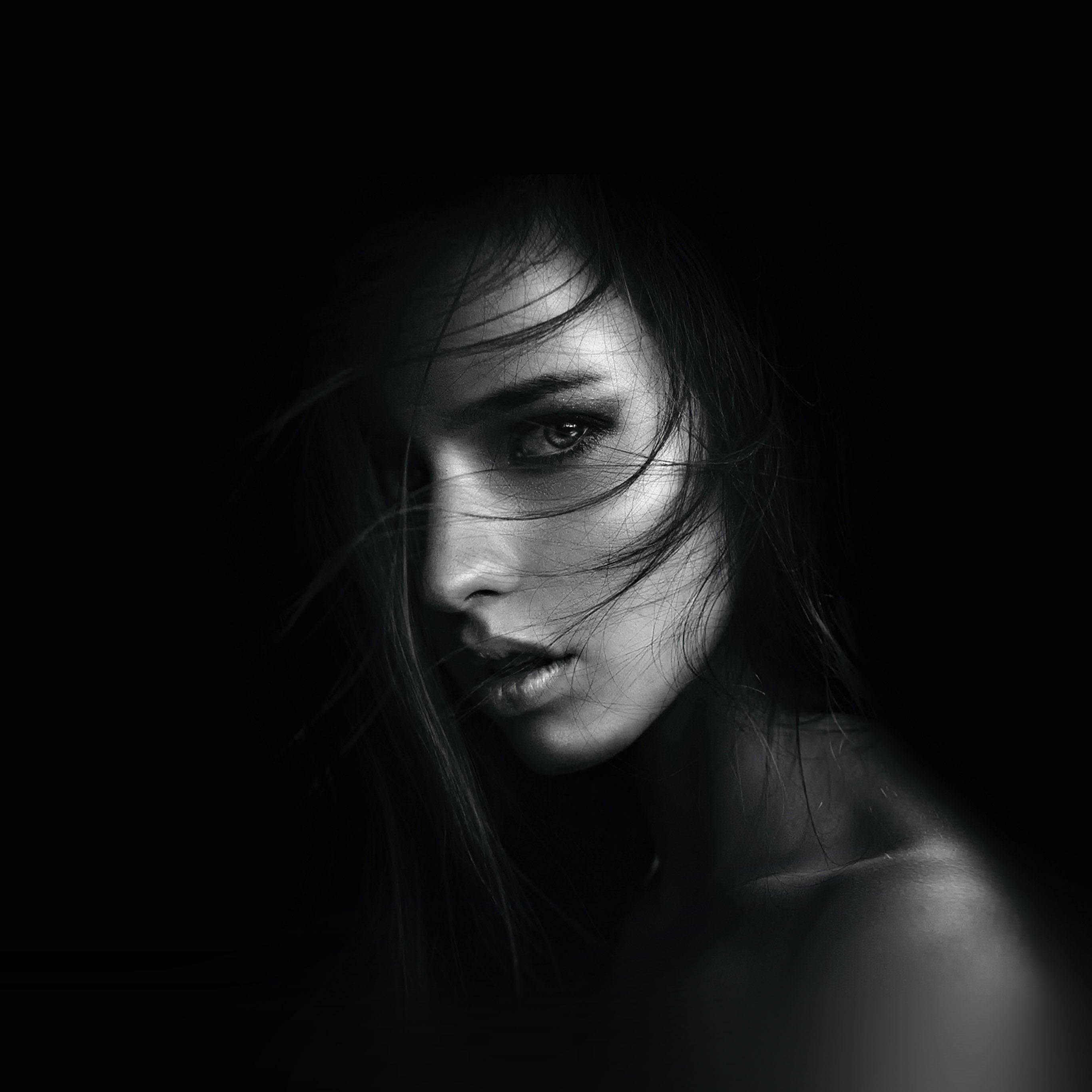 black and white portrait, woman, windswept hair, 2K Desktop Wallpaper