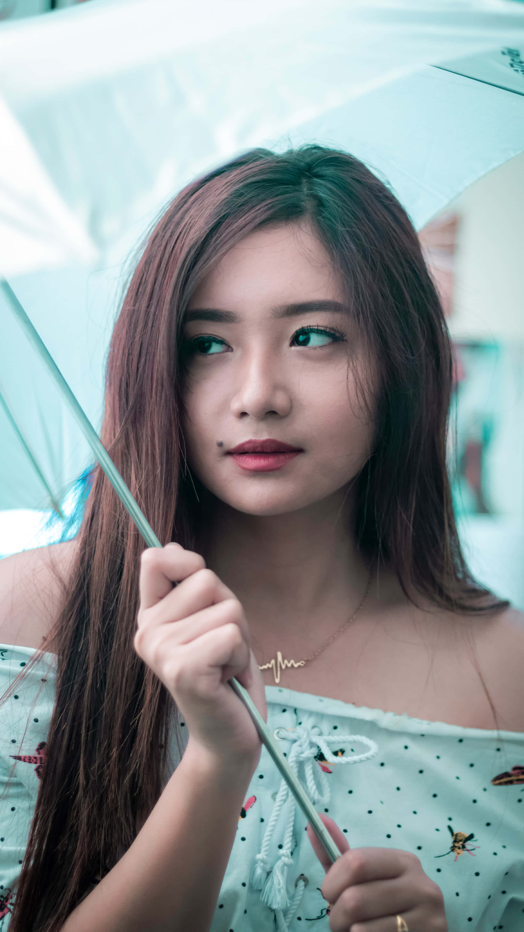 translucent blue umbrella, long brown hair, young woman, 4K Phone Wallpaper