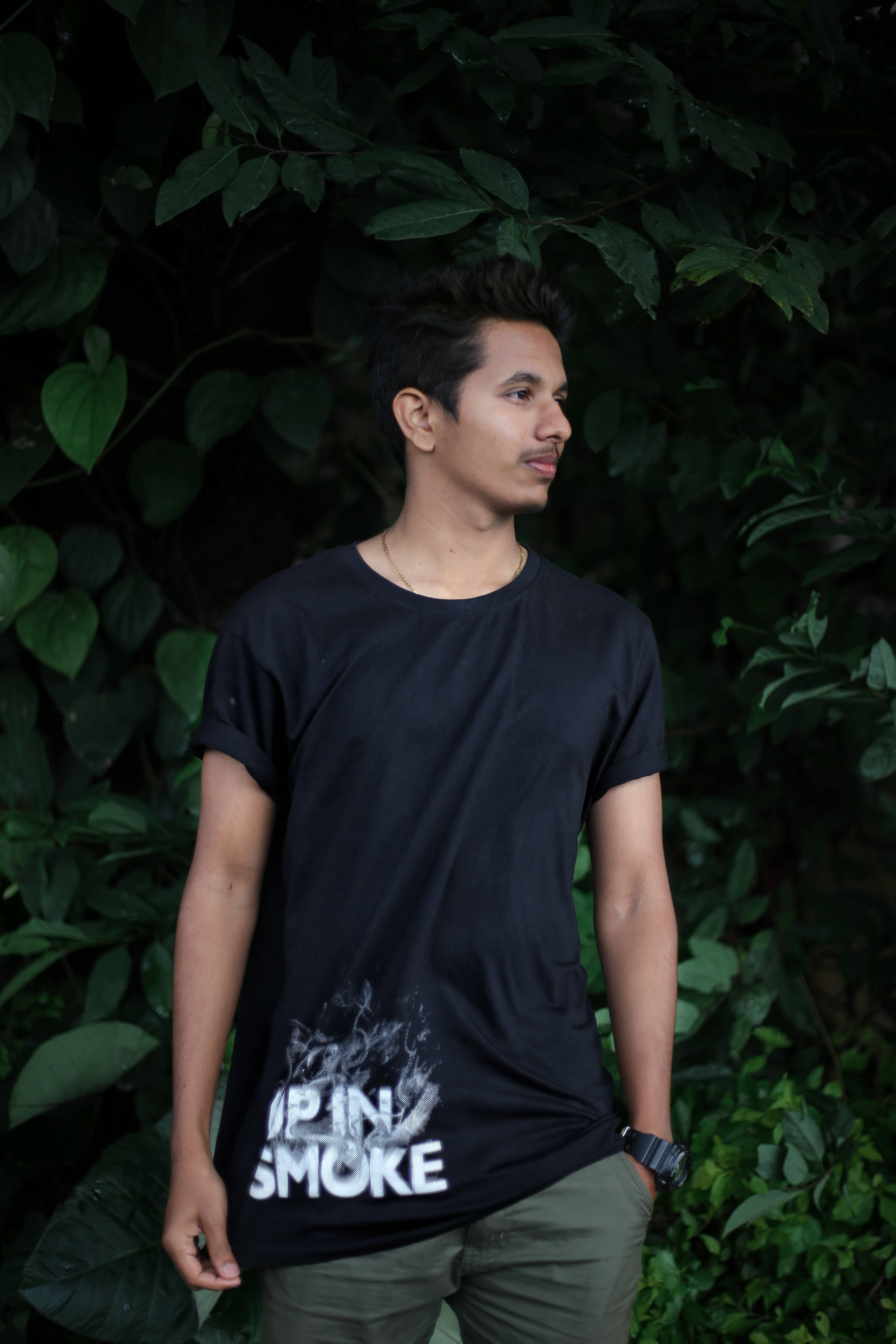 male model, black t-shirt, smoke graphic, 5K Phone Wallpaper