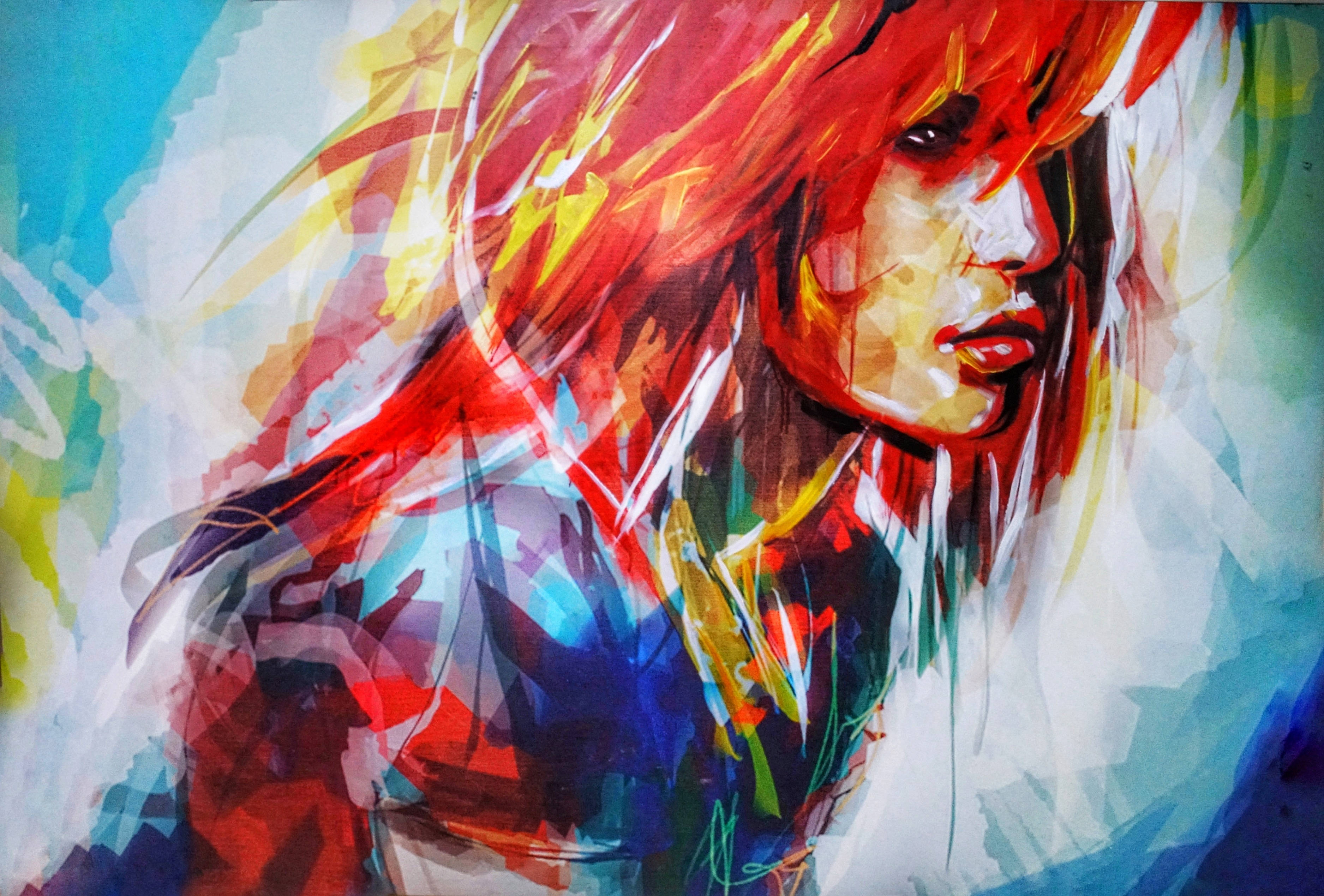 multicolored abstract girl portrait, fiery red hair, bold brushstrokes, 2K Desktop Wallpaper