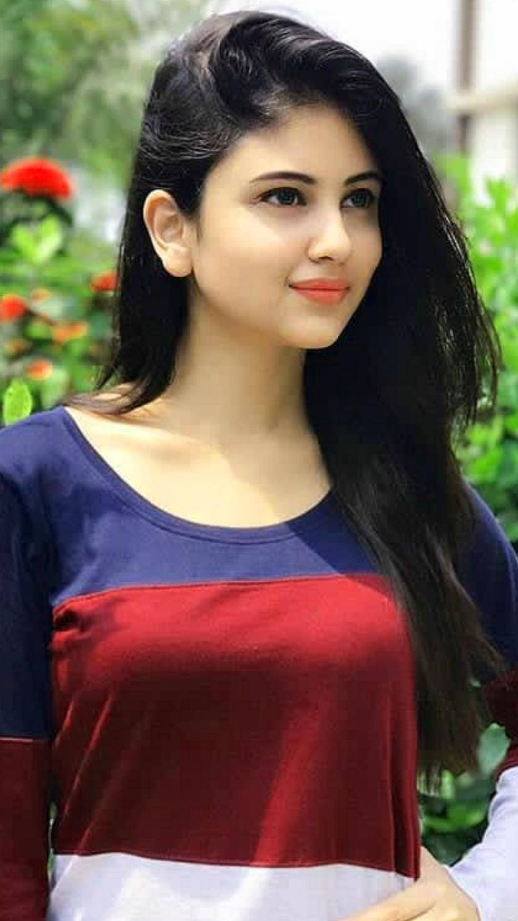 Indian Girl, red blue and white striped top, lush green garden, HD Phone Wallpaper