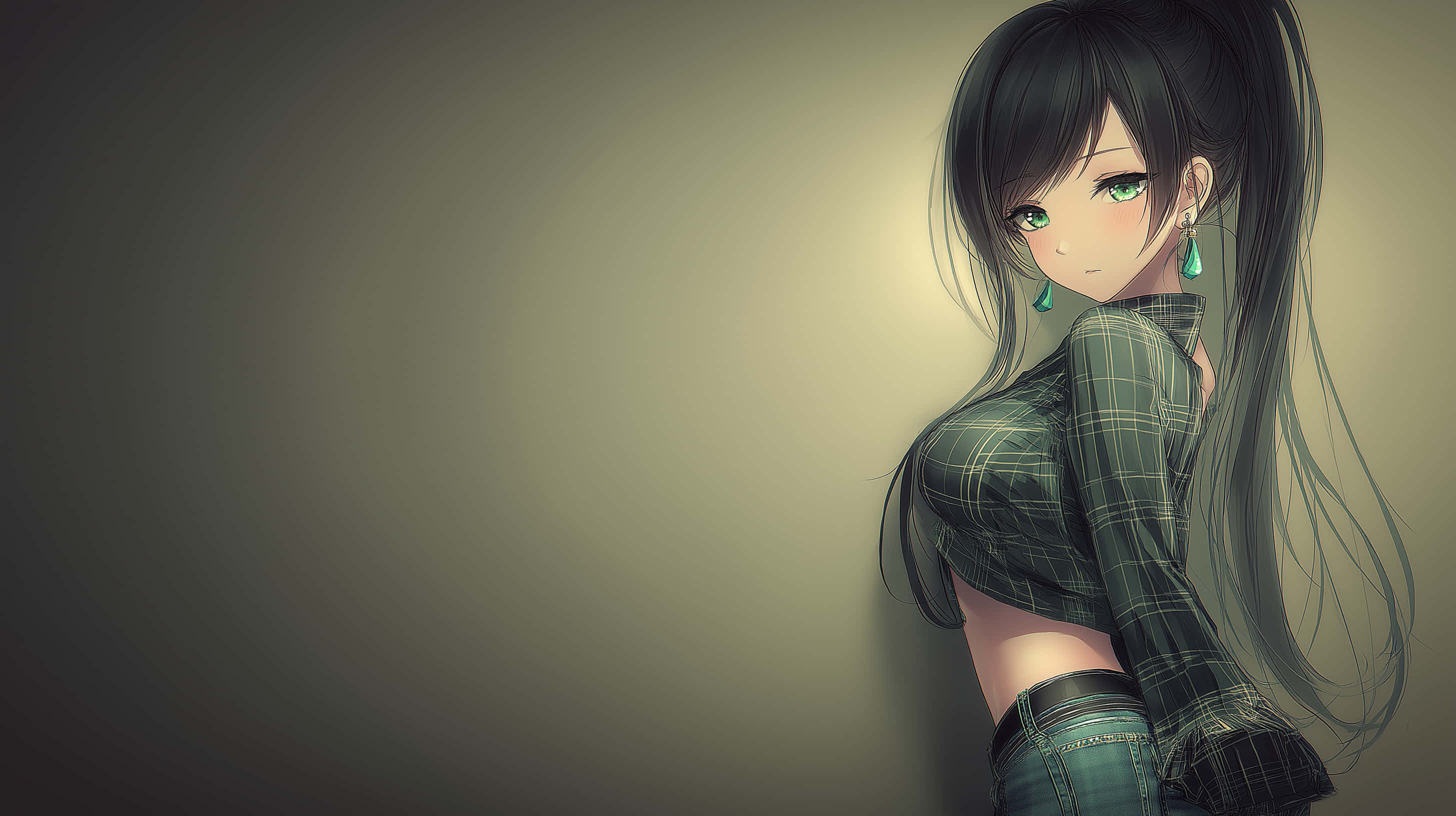 anime girl, ponytail, green eyes, 2K Desktop Wallpaper