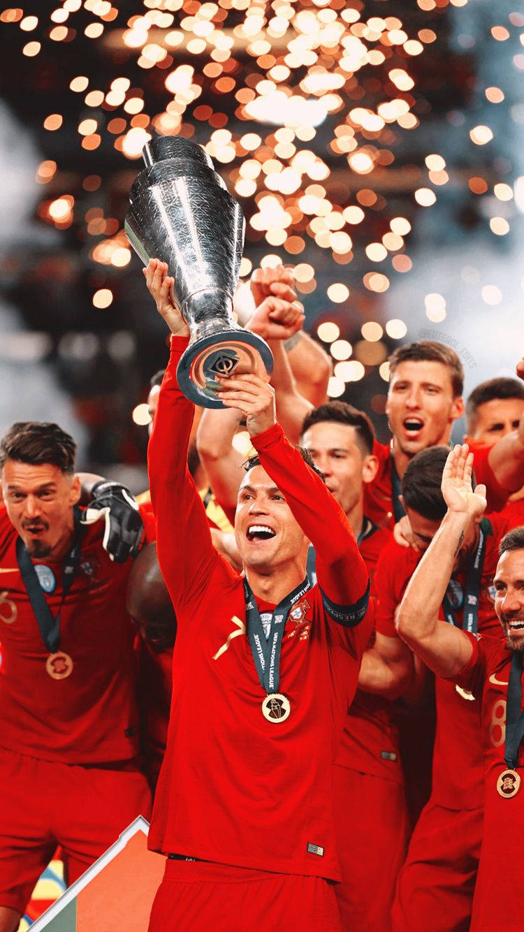 Portugal National Football Team, red jerseys, gleaming silver trophy, HD Phone Wallpaper