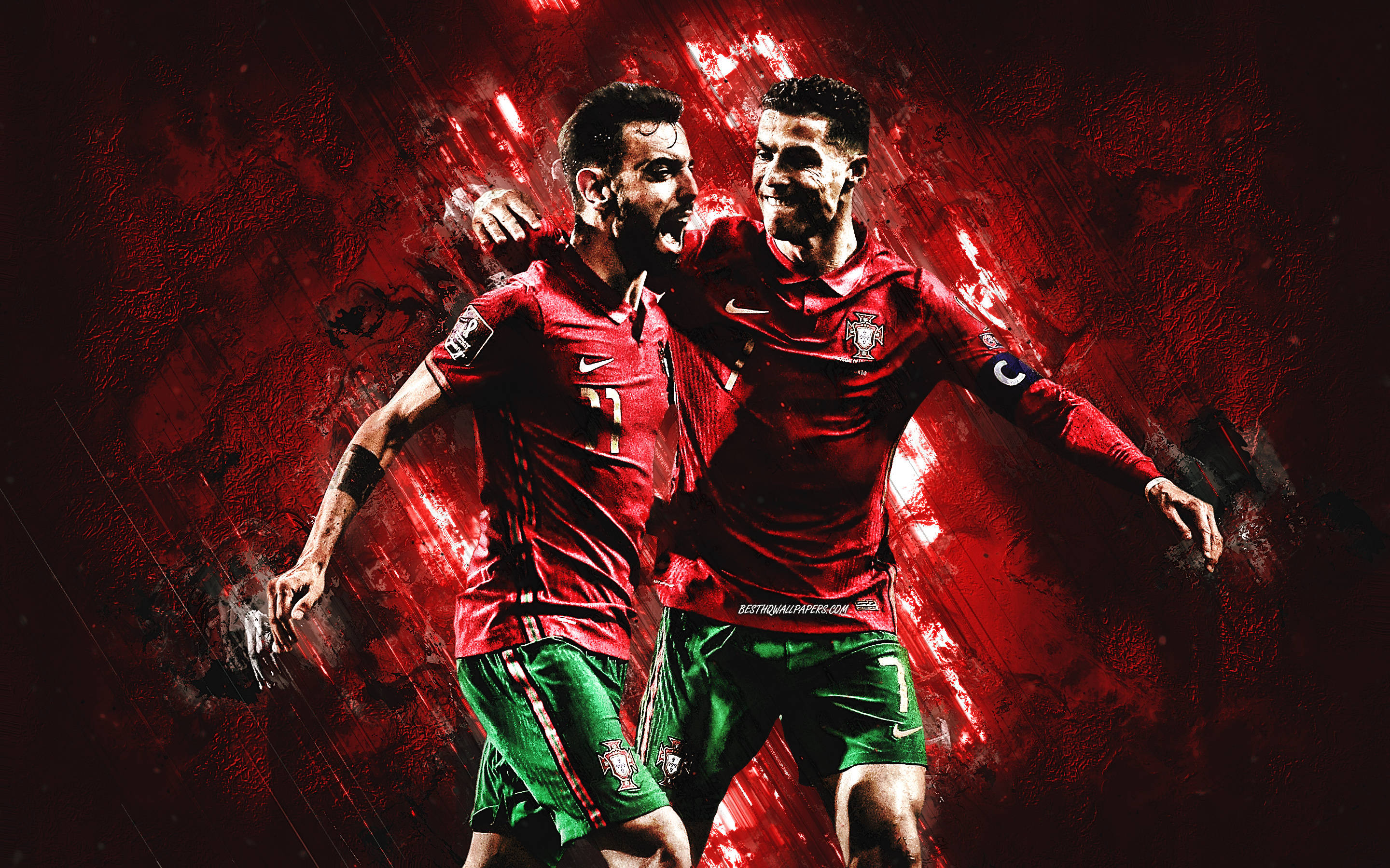 Portugal National Football Team, red jerseys, fiery red textured background, 2K Desktop Wallpaper