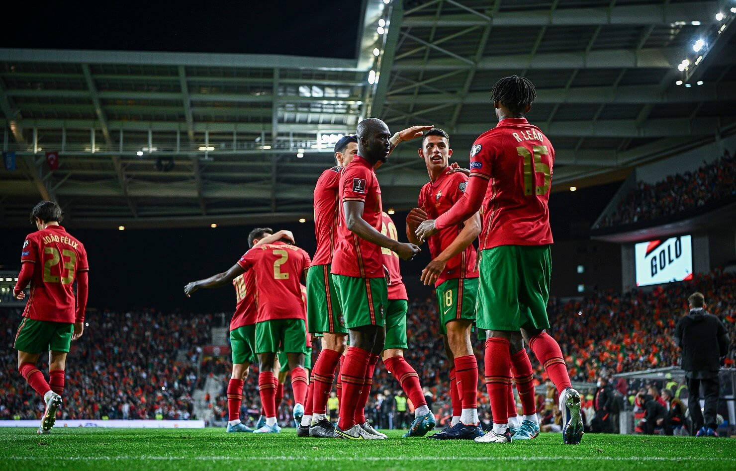 Portugal National Football Team, red and green uniforms, stadium field, HD Desktop Wallpaper