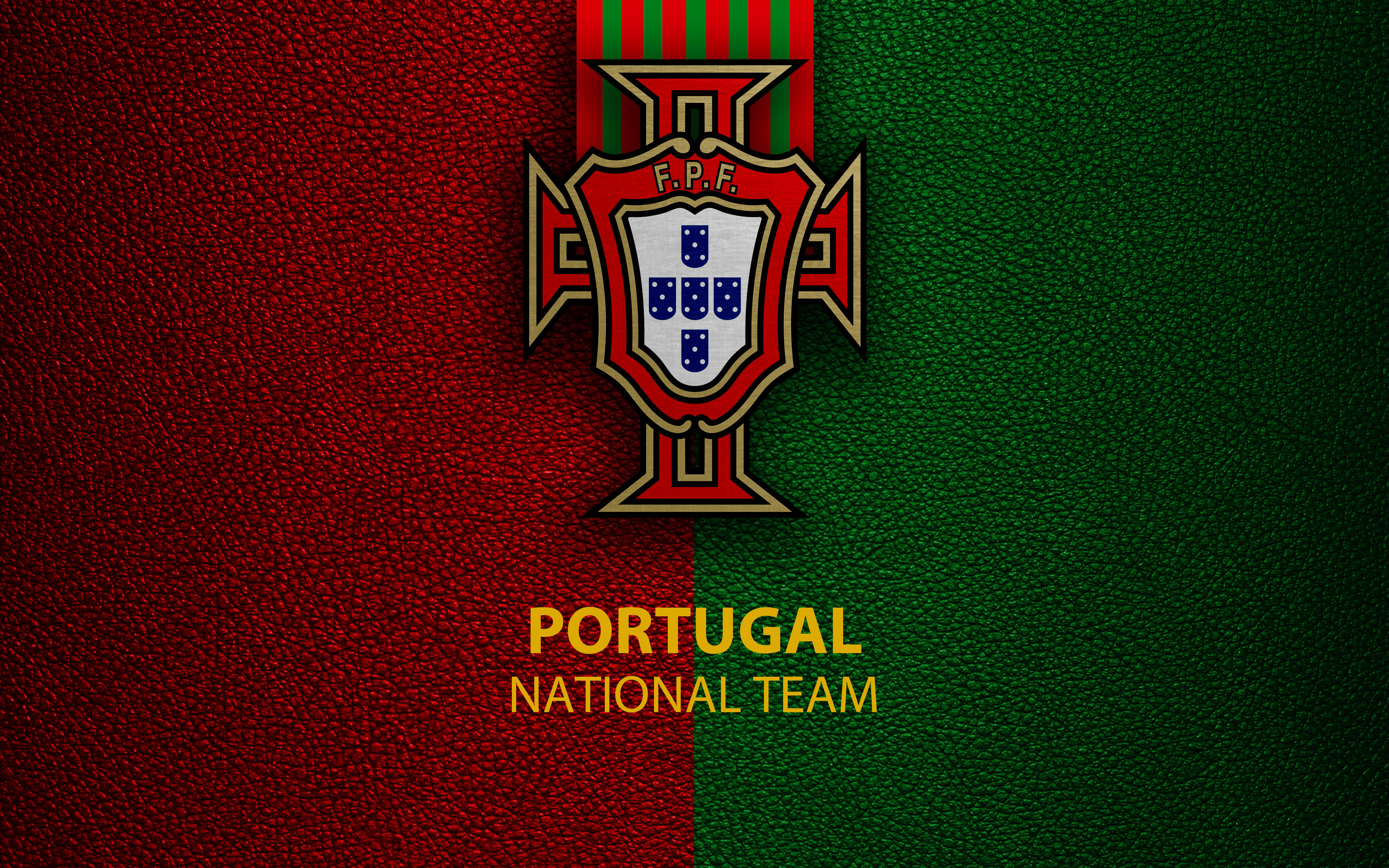 Portugal National Football Team, red and green textured background, bold yellow text, 4K Desktop Wallpaper