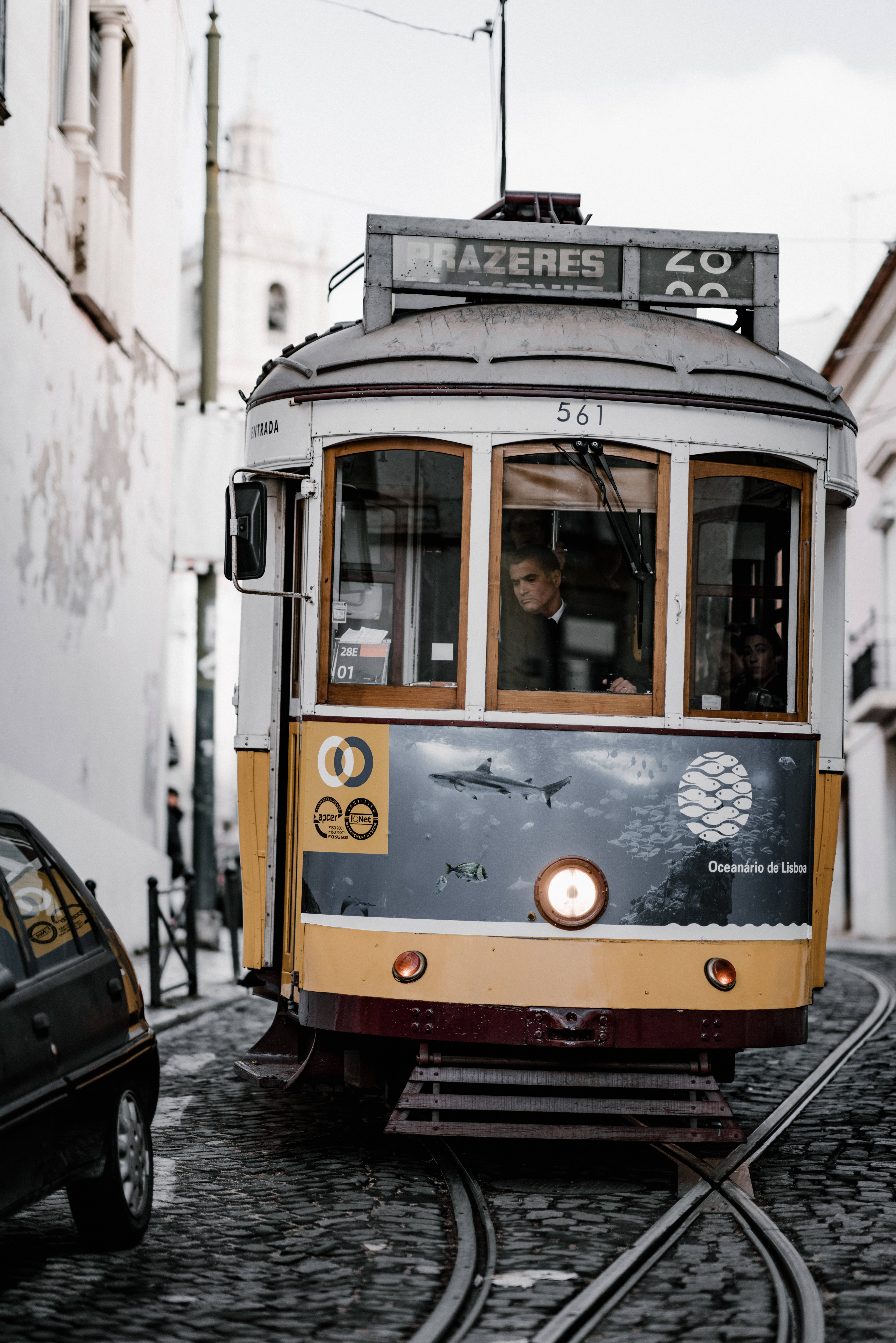 Portugal, vintage tram, yellow tram, 5K Phone Wallpaper